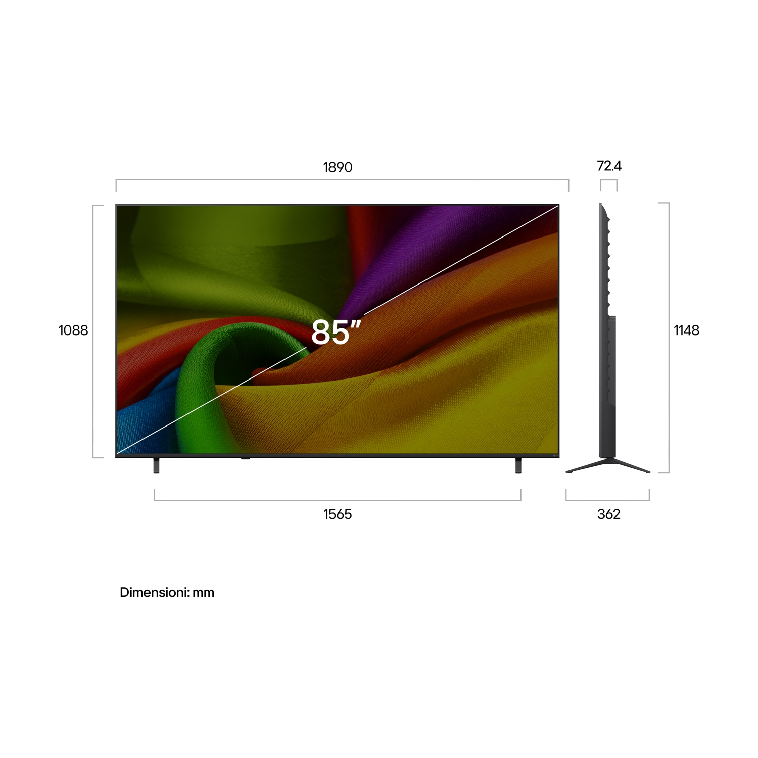 TV da 85 pollici con sfondo arcobaleno, dimensioni visualizzate.