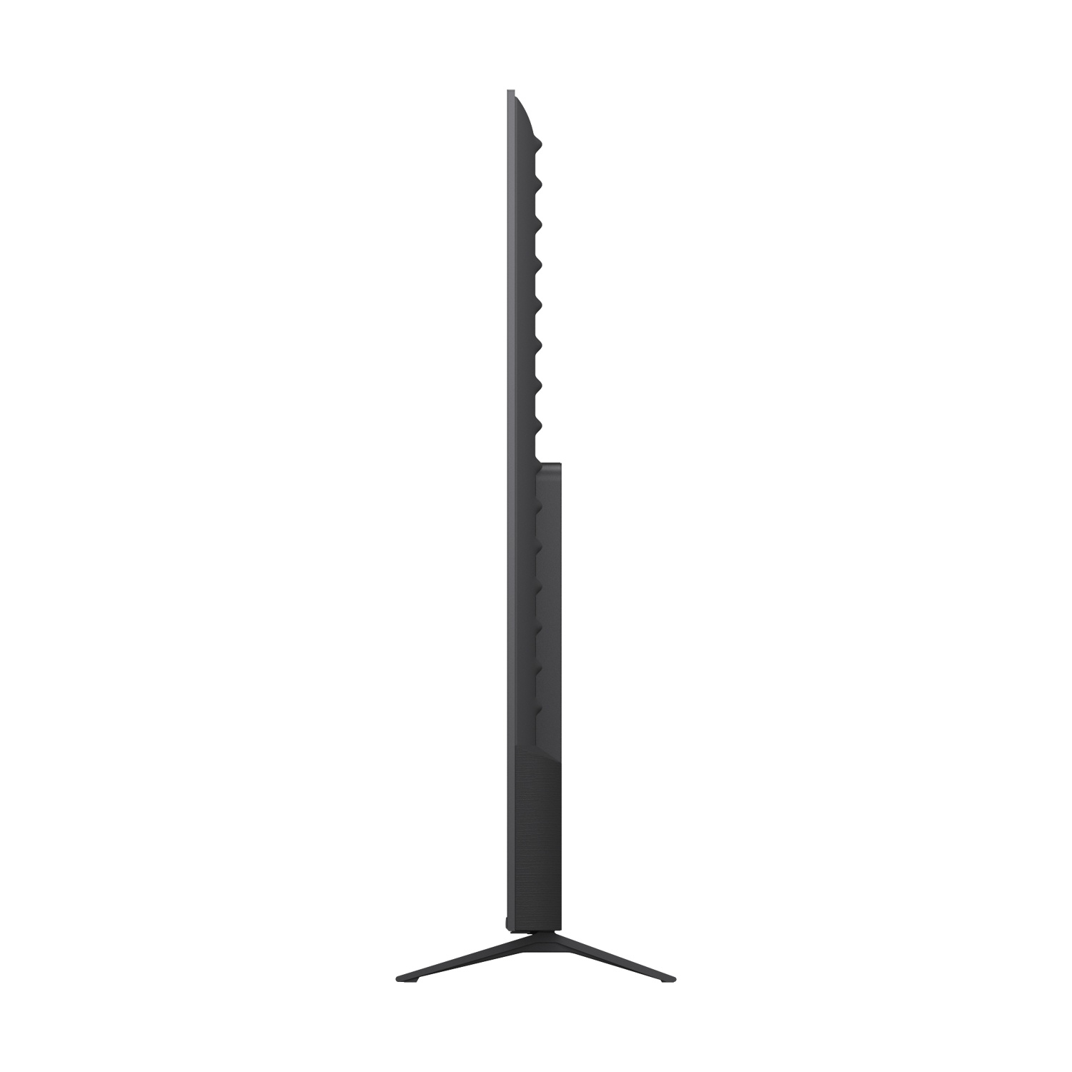 TV nero a schermo piatto con cornice sottile e supporto in metallo, visto di lato.