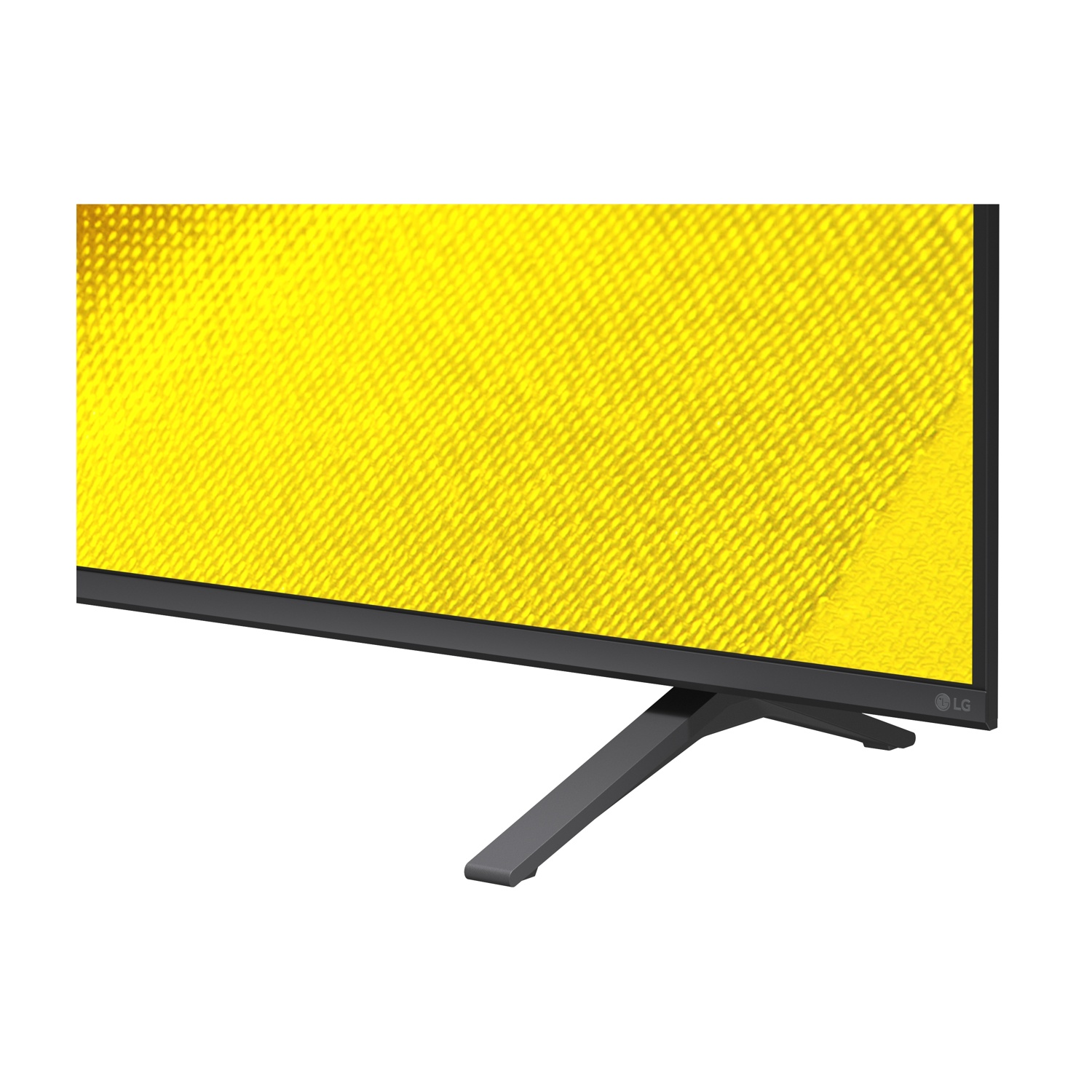 Primo piano di un televisore con motivo testurizzato giallo e supporto grigio.