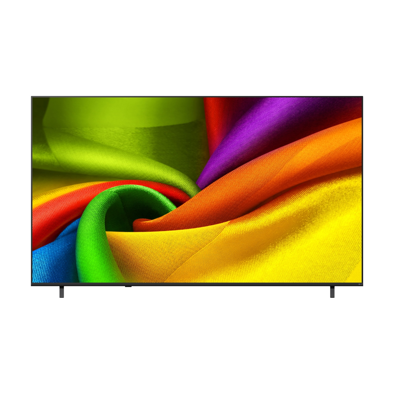 Un televisore moderno mostra un vibrante motivo di tessuto vorticoso nei colori dell'arcobaleno.
