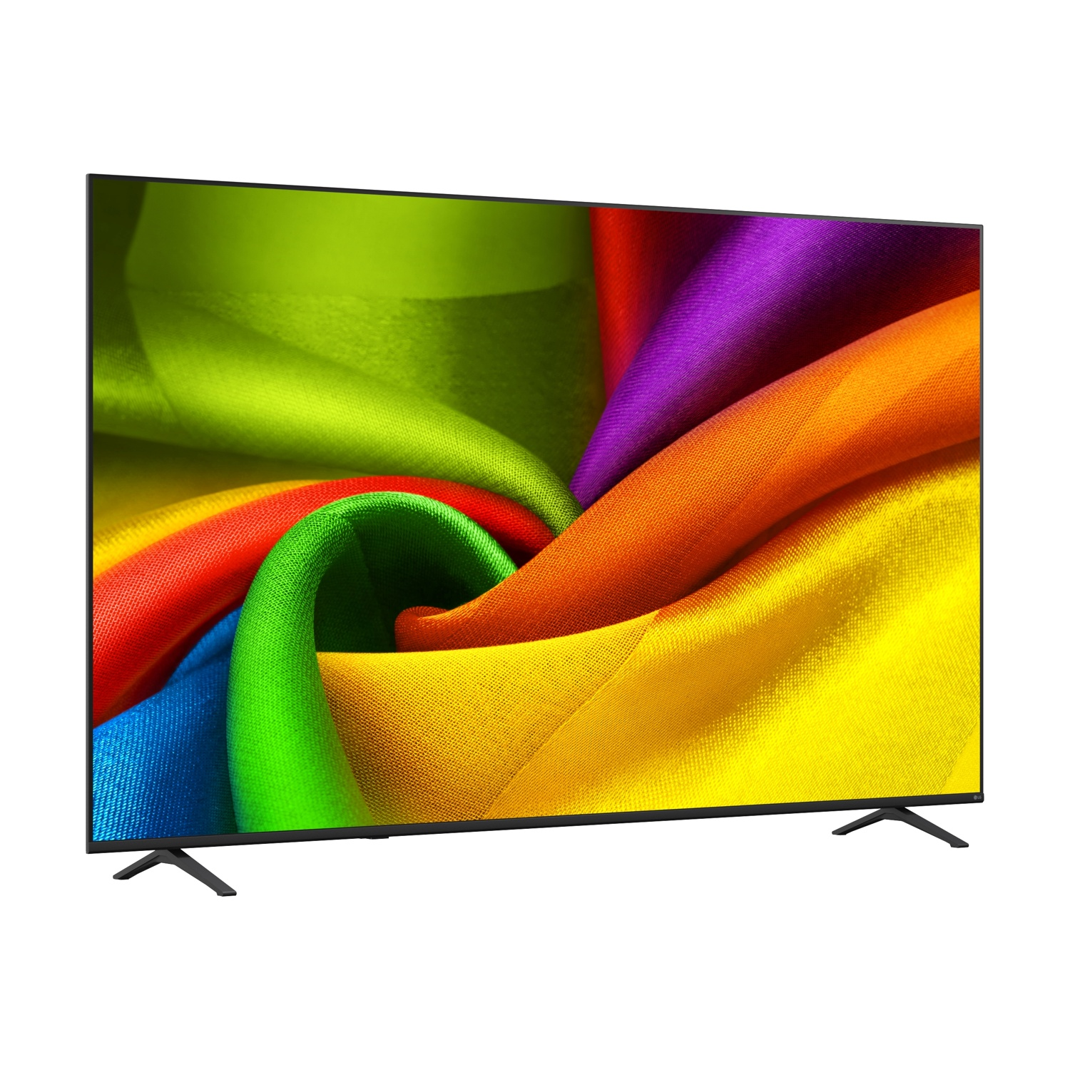 Un televisore moderno con un vivace motivo arcobaleno vorticoso sullo schermo e base nera.