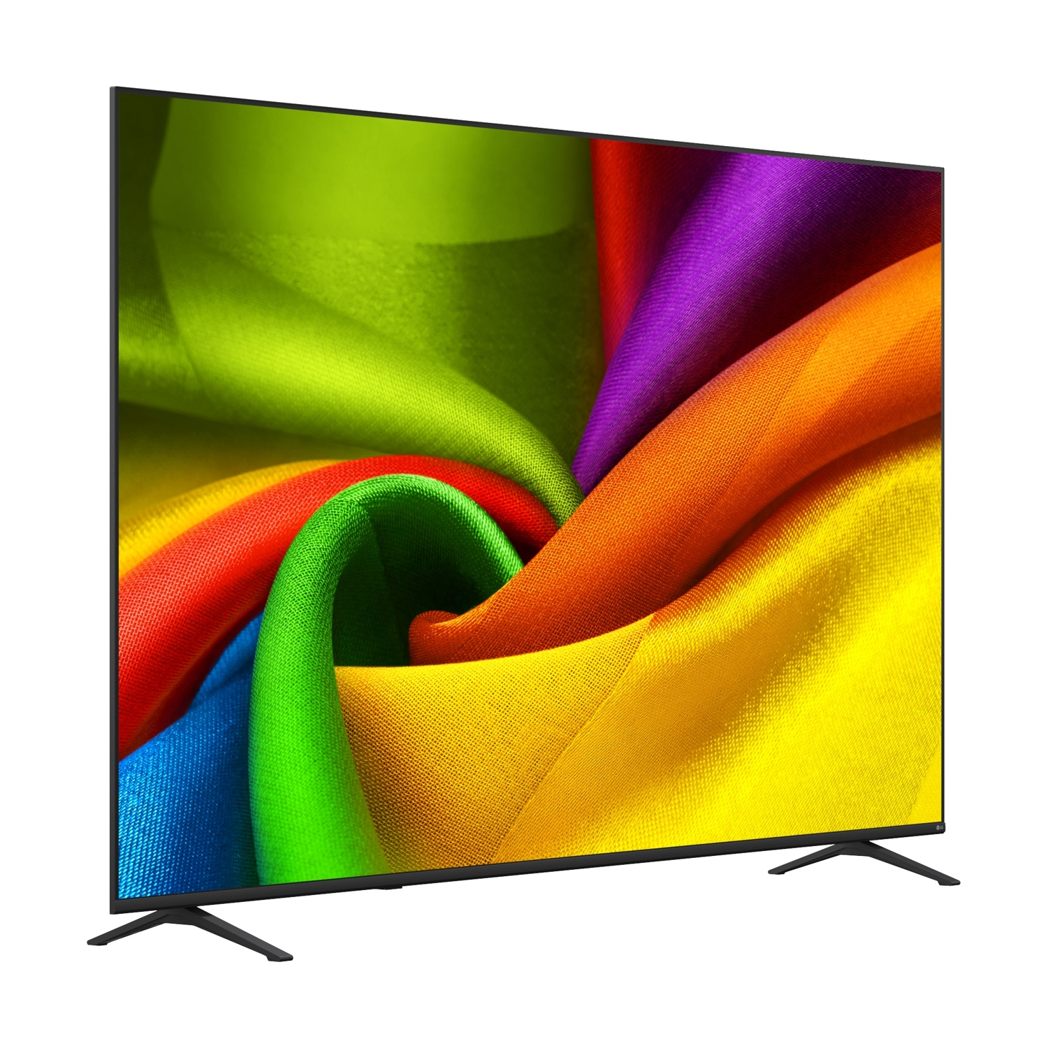 Una TV moderna mostra un vortice vibrante di tessuto colorato: verde, giallo, rosso, blu, viola e arancione.