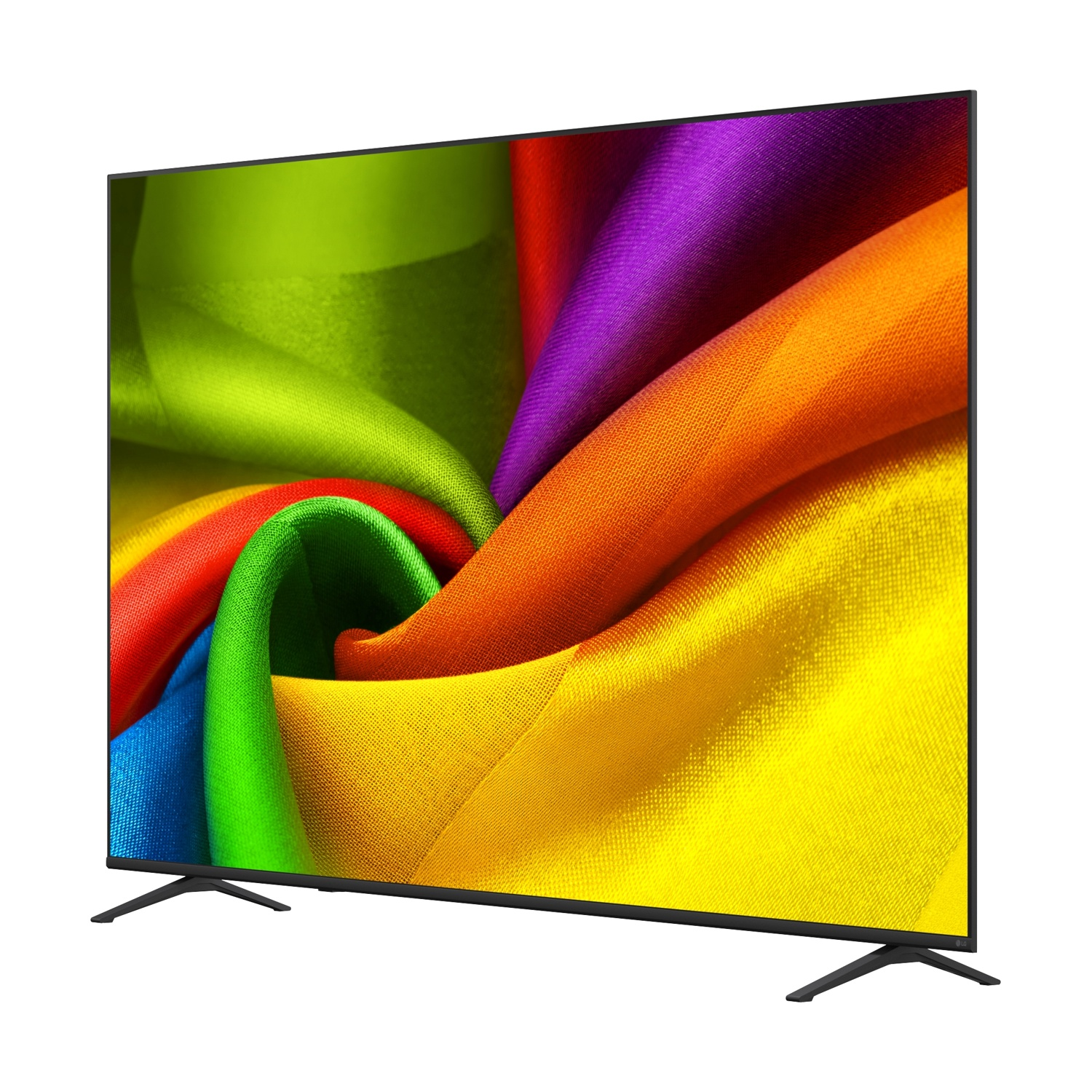 Una moderna TV a schermo piatto mostra un vibrante vortice astratto di tessuto colorato.