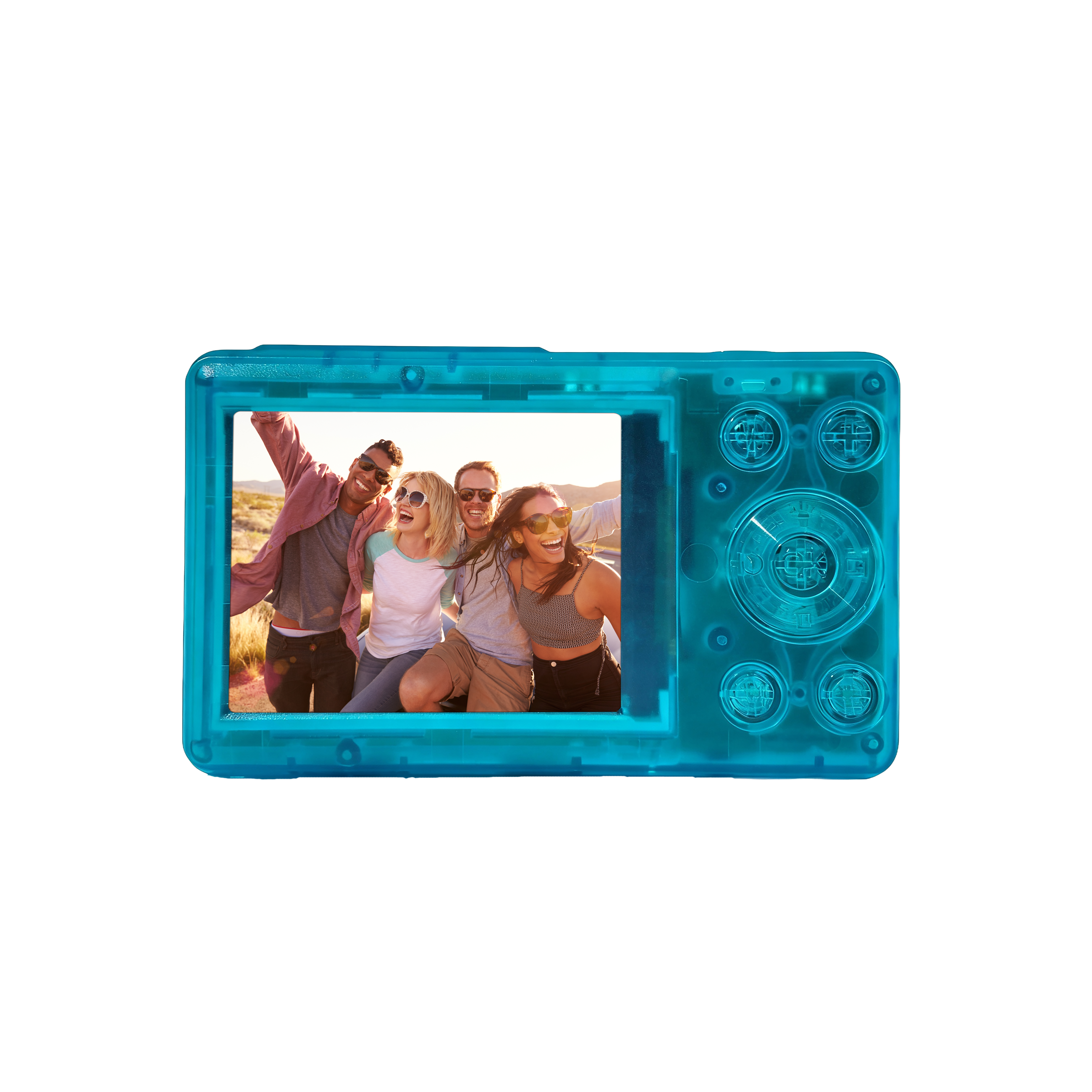 Eine durchsichtige blaue Digitalkamera zeigt ein Foto von vier lachenden Freunden im Freien.