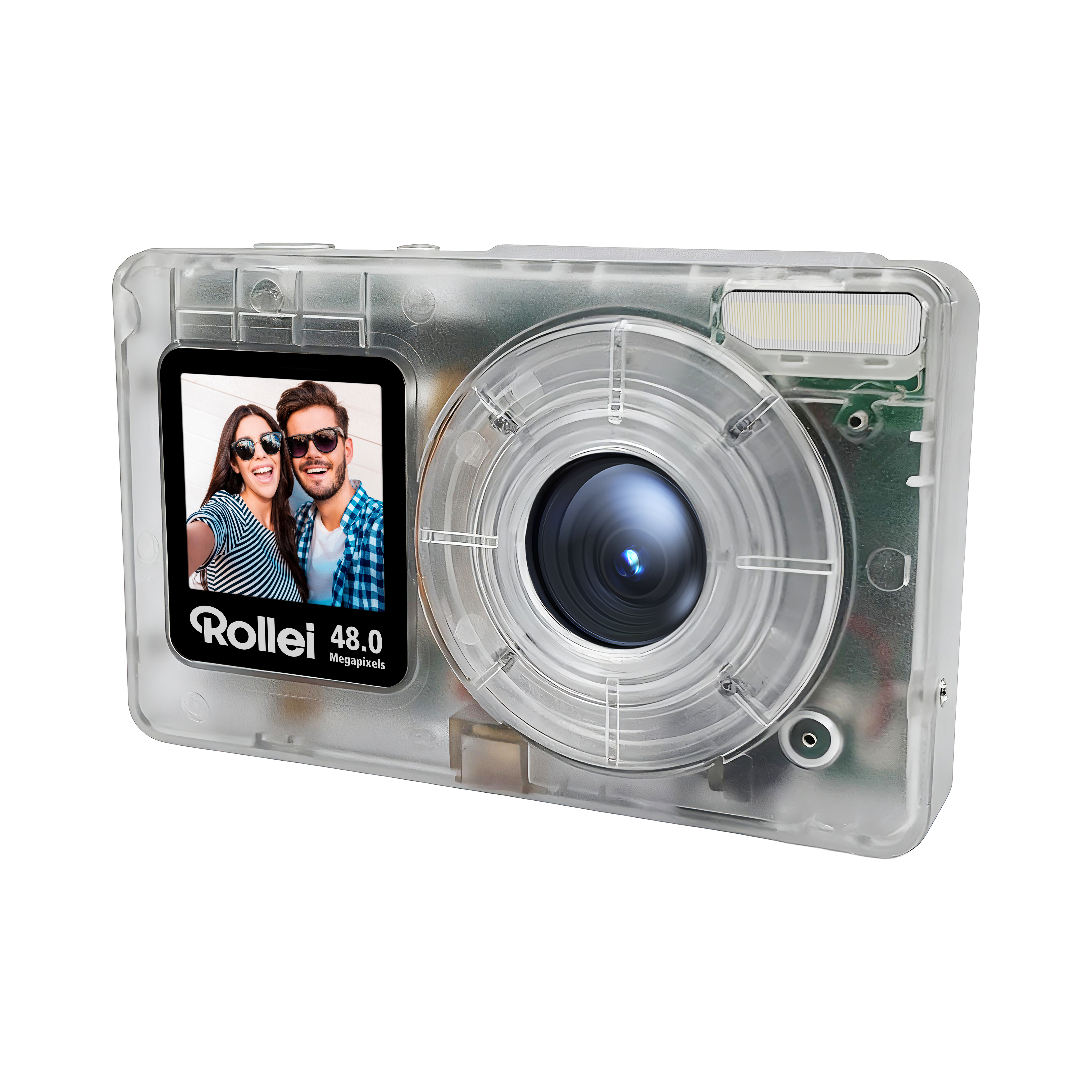 Transparente Kamera mit Selfie-Vorschau, Linse und Blitz.