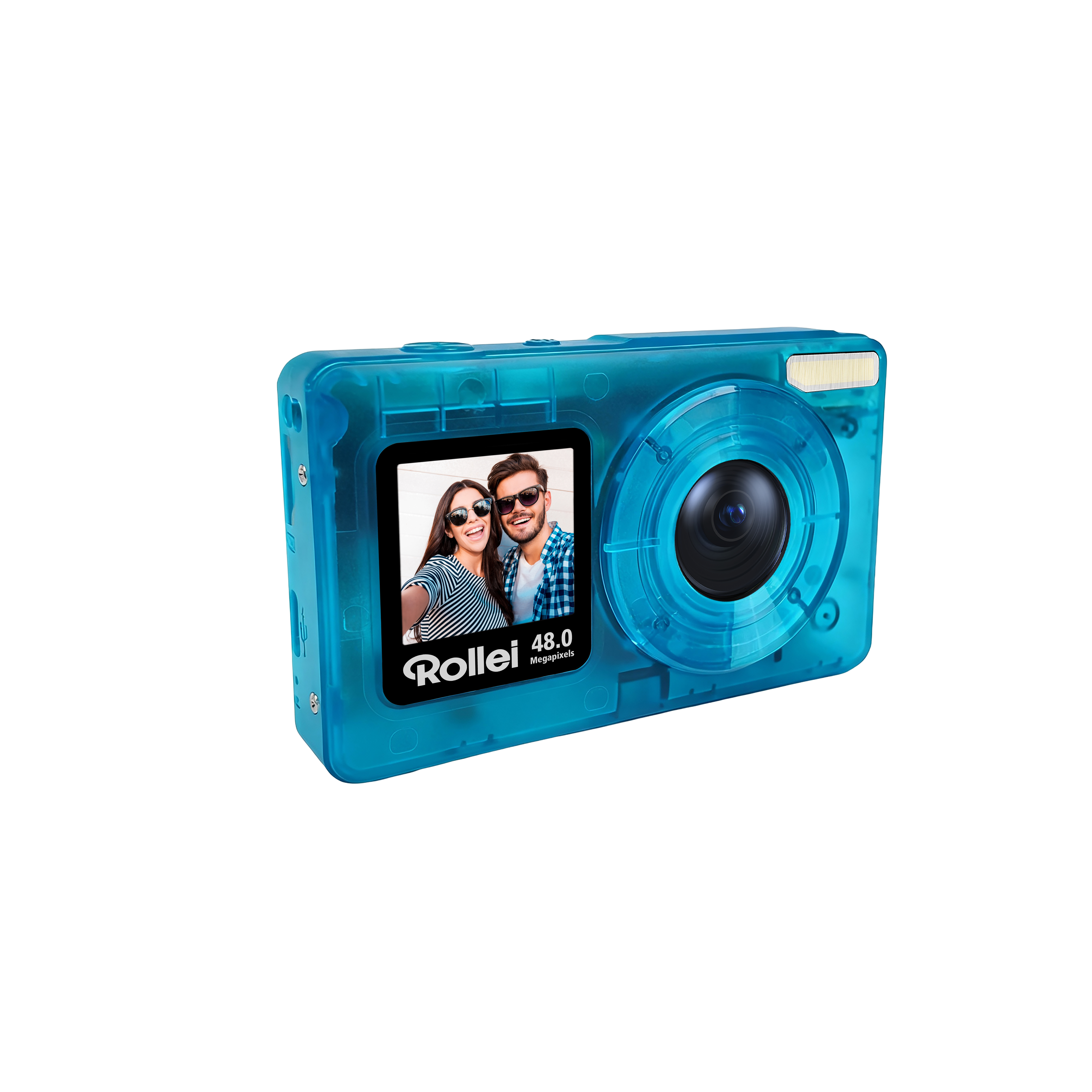Blaue Digitalkamera mit Selfie-Vorschau eines Paares und der Aufschrift 48.0 Megapixel.
