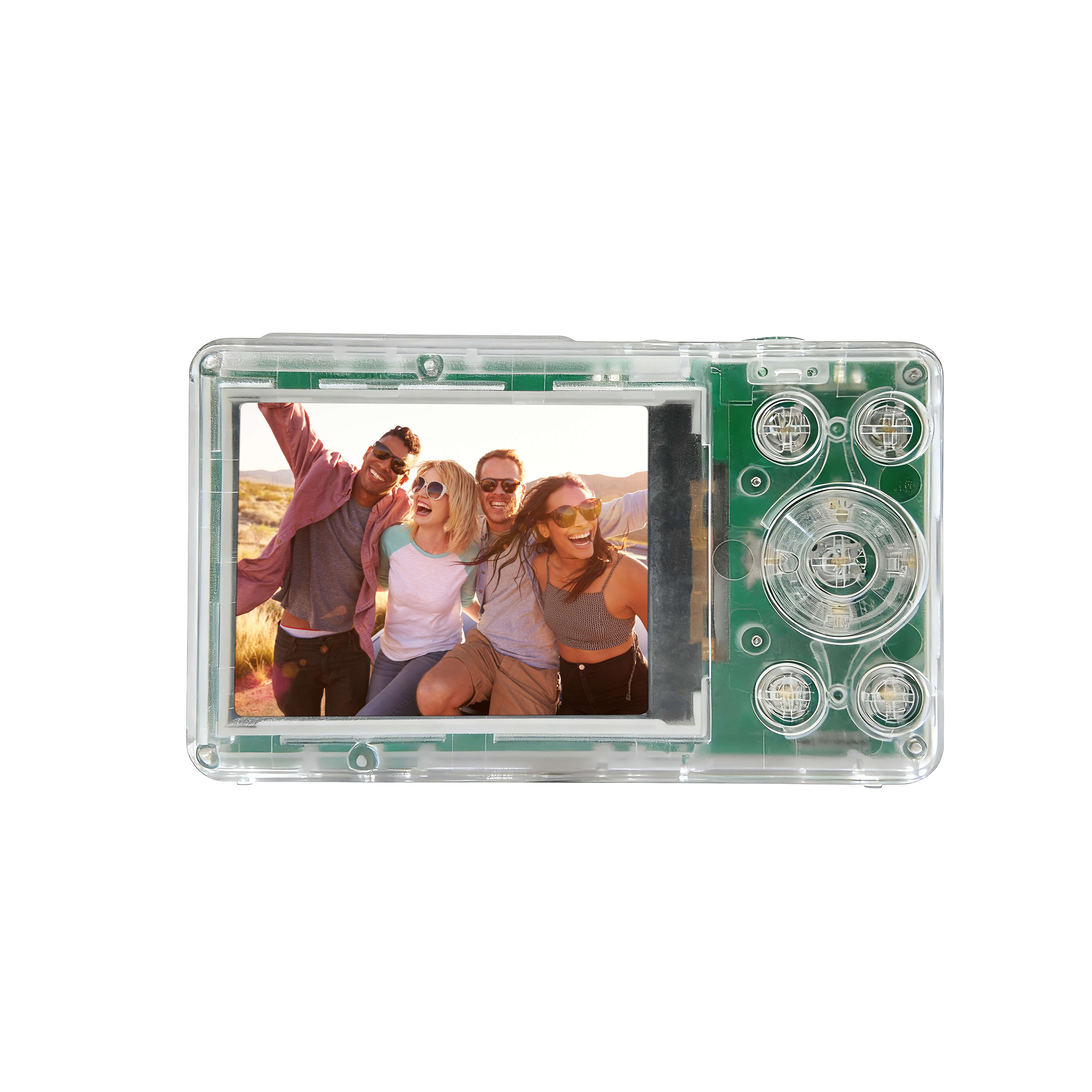 Transparente Digitalkamera zeigt ein Foto von vier lächelnden Freunden im Freien.