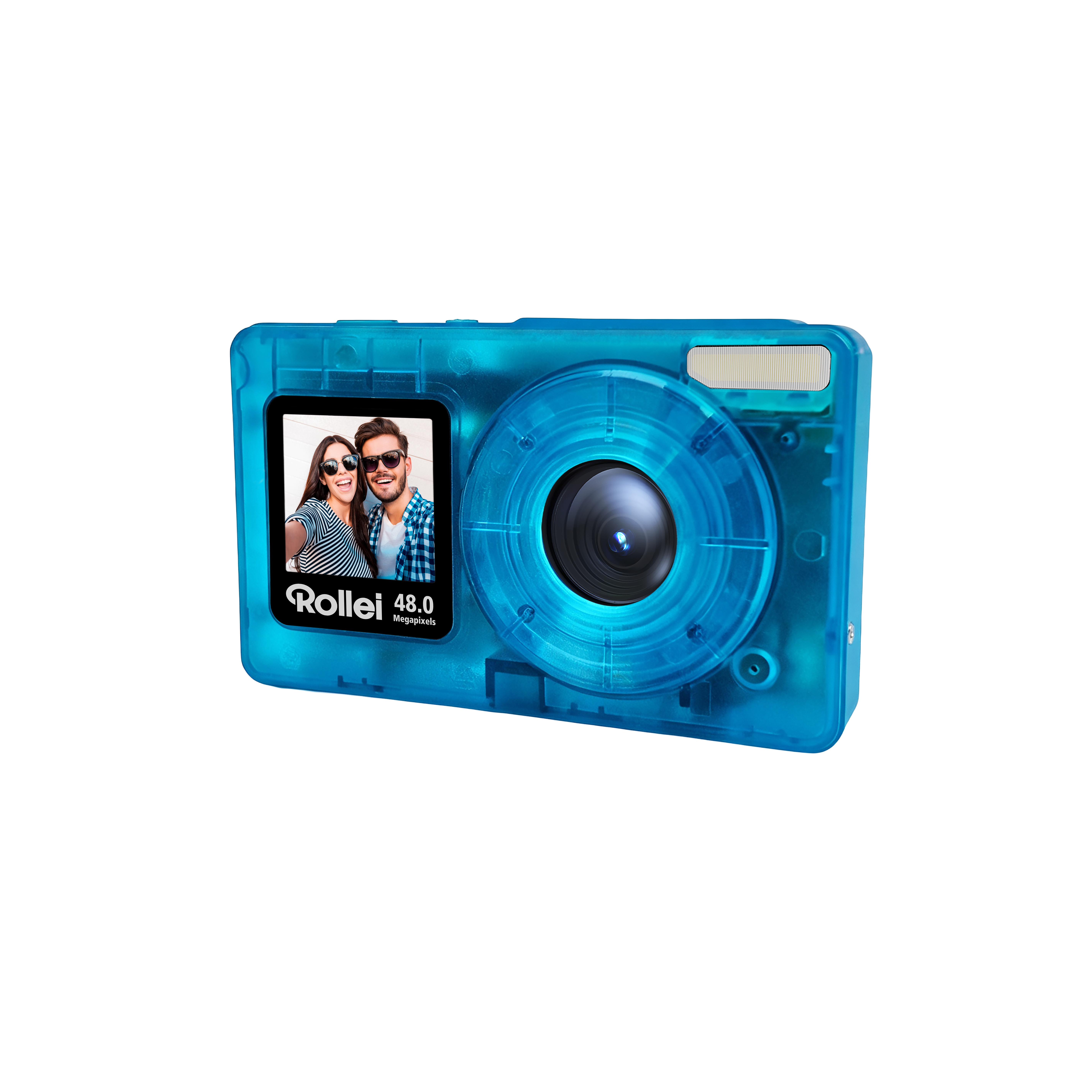 Ein durchsichtiger blauer Fotoapparat mit einem Paar auf dem Bildschirm.