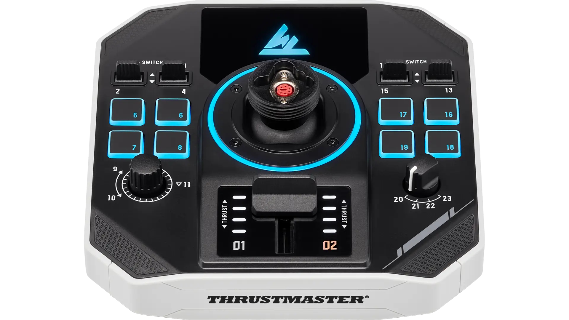 Un joystick negro y blanco con muchos botones e interruptores. Luces azules encendidas.
