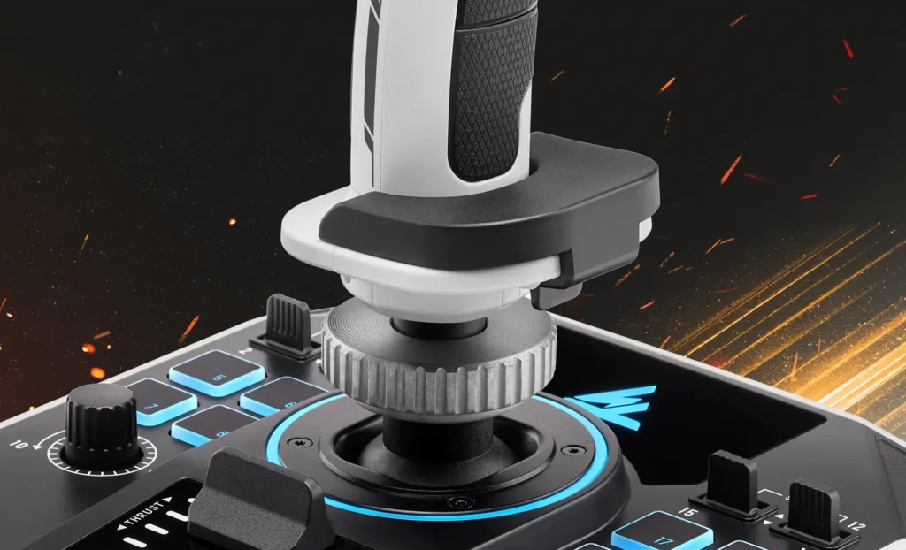 Un joystick negro con acentos azules y controles sobre fondo oscuro y ardiente.
