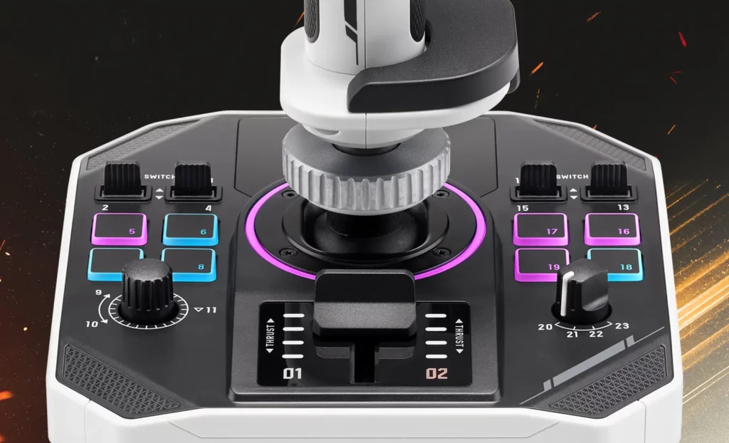 Un joystick negro con numerosos botones, interruptores y dos controles de acelerador.