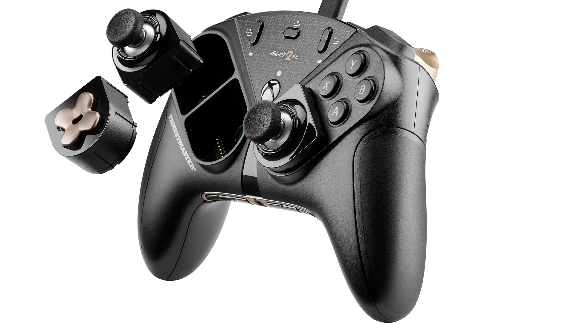 Mando de juegos Thrustmaster eSwap X2 negro con joysticks y botones modulares.