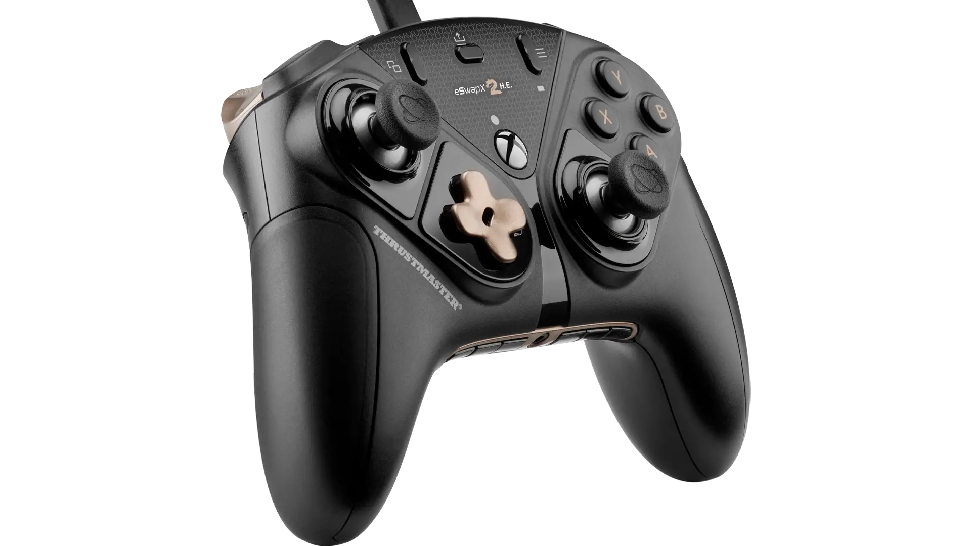 Mando de juego negro con detalles y botones dorados.
