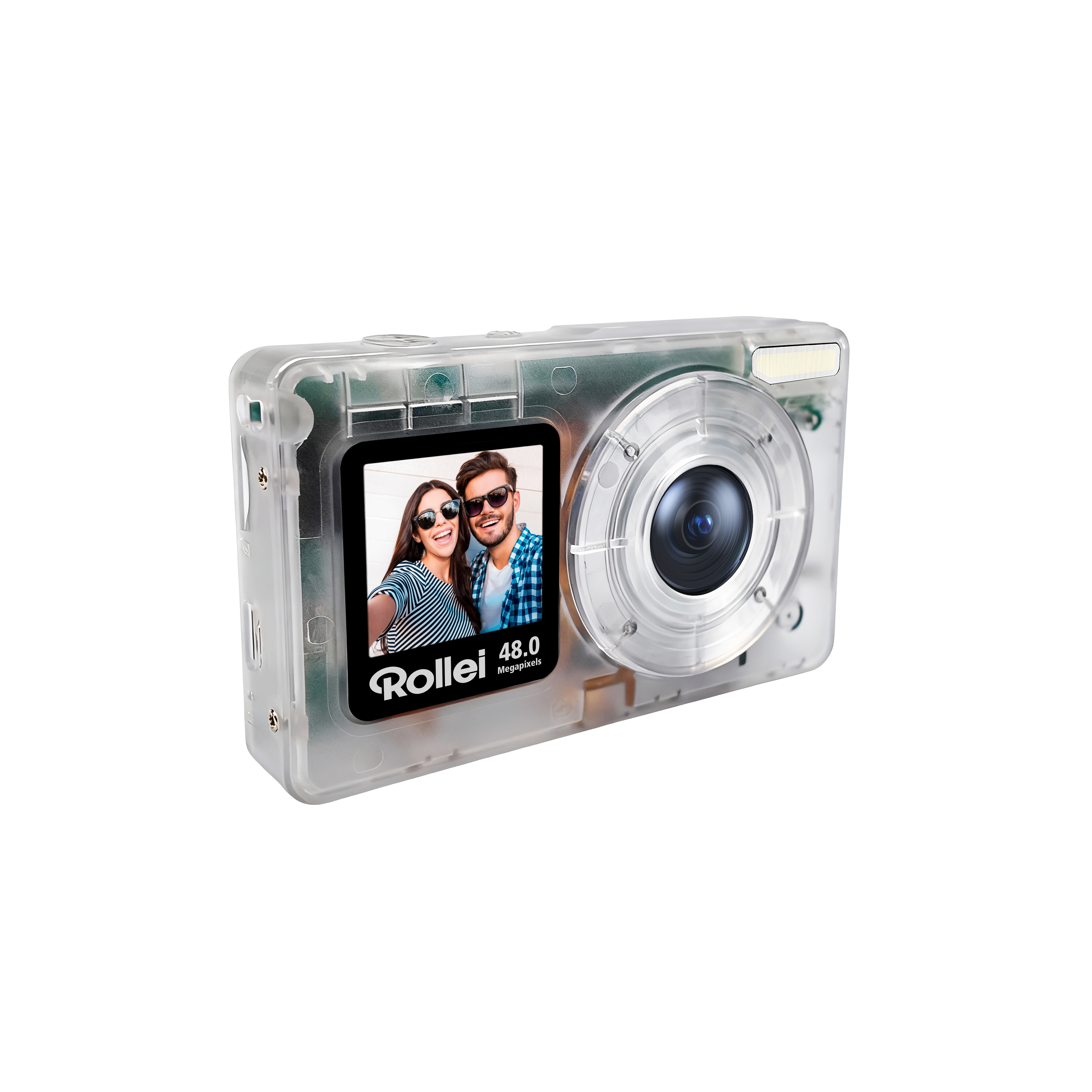 Transparente Digitalkamera mit Selfie-Vorschau und Objektiv.