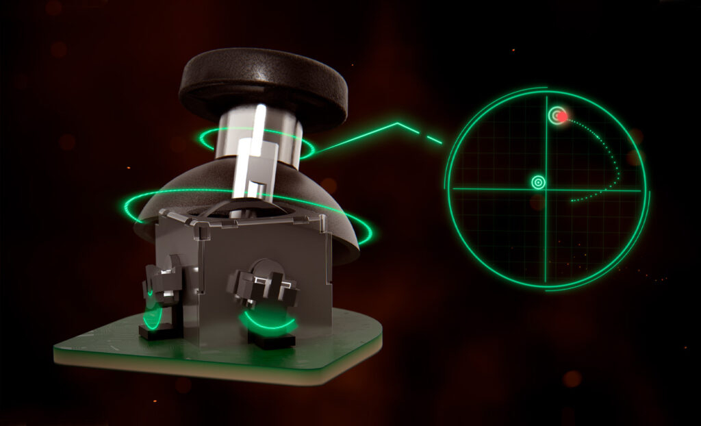 Un controlador de joystick con una pantalla de radar que muestra una trayectoria.