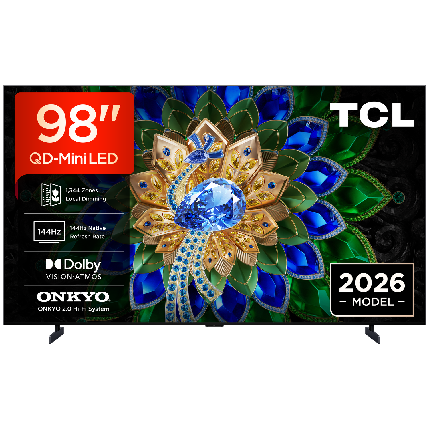 Een 98-inch TCL QD-Mini LED TV met 144Hz, Dolby Vision Atmos & Onkyo geluid.