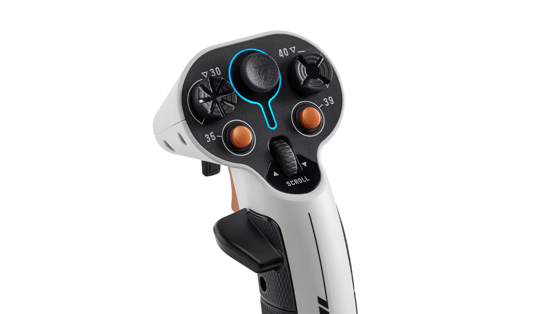 Un joystick blanco con botones negros y naranjas y una rueda de desplazamiento.