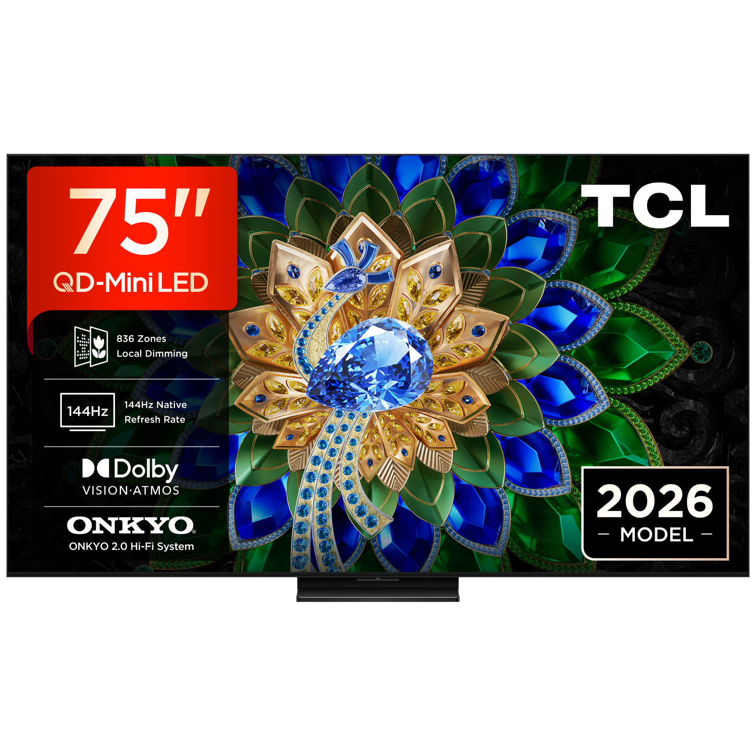 TCL 75-inch QD-Mini LED TV with 144Hz, Dolby Vision Atmos, Onkyo sound.