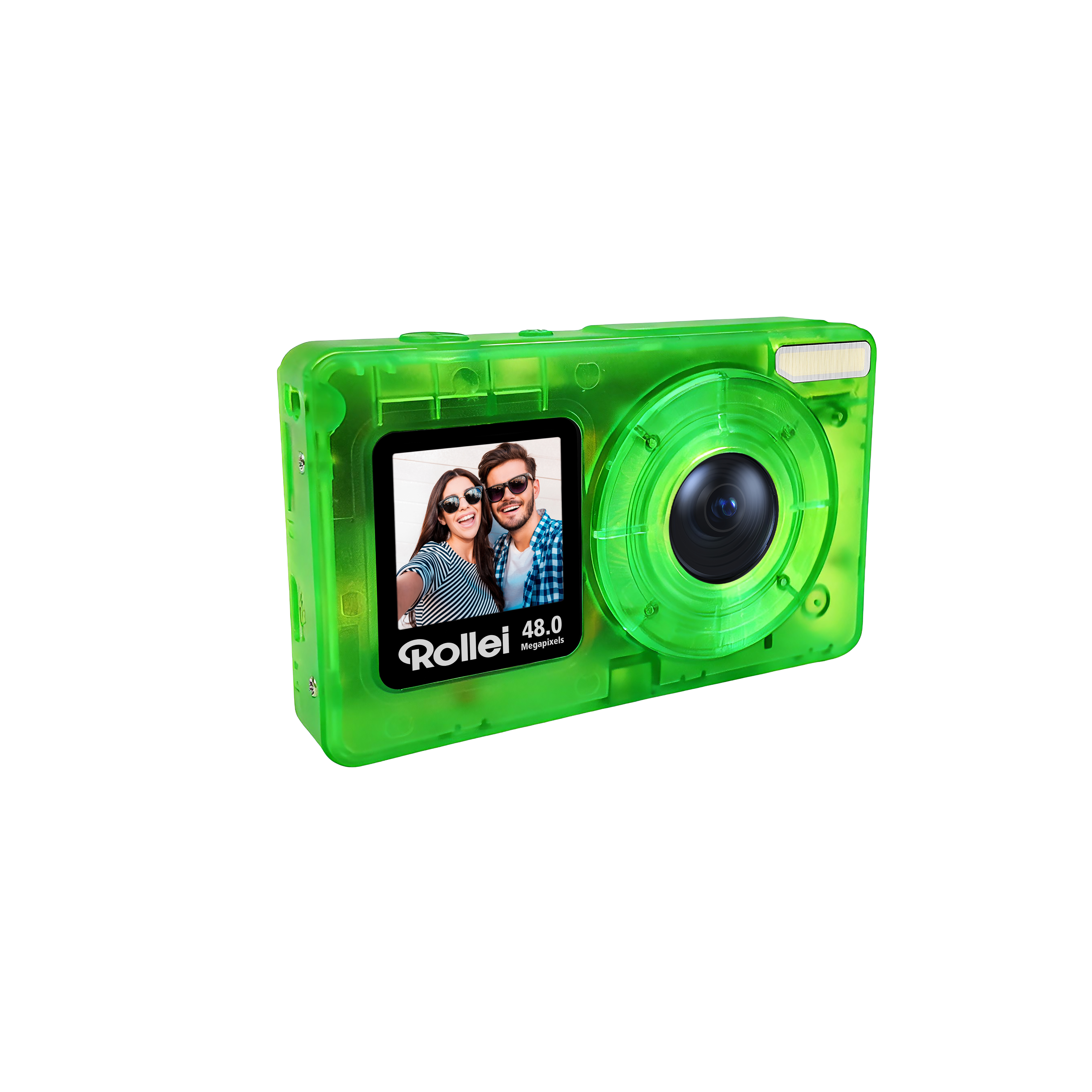 Durchsichtige grüne Kamera mit Selfie von einem Paar auf dem Bildschirm.