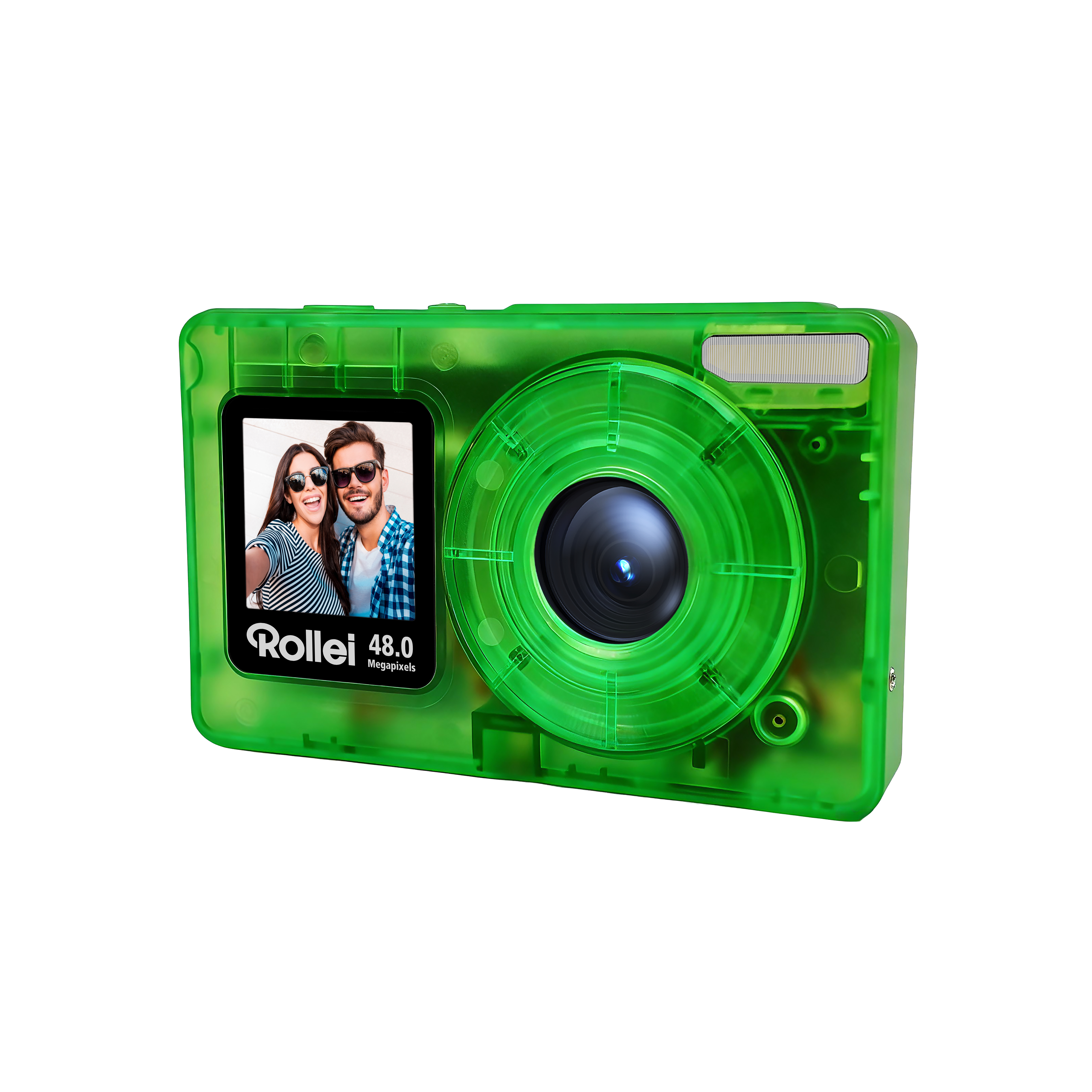 Eine grüne Digitalkamera mit einem Selfie-Bild auf dem Bildschirm.