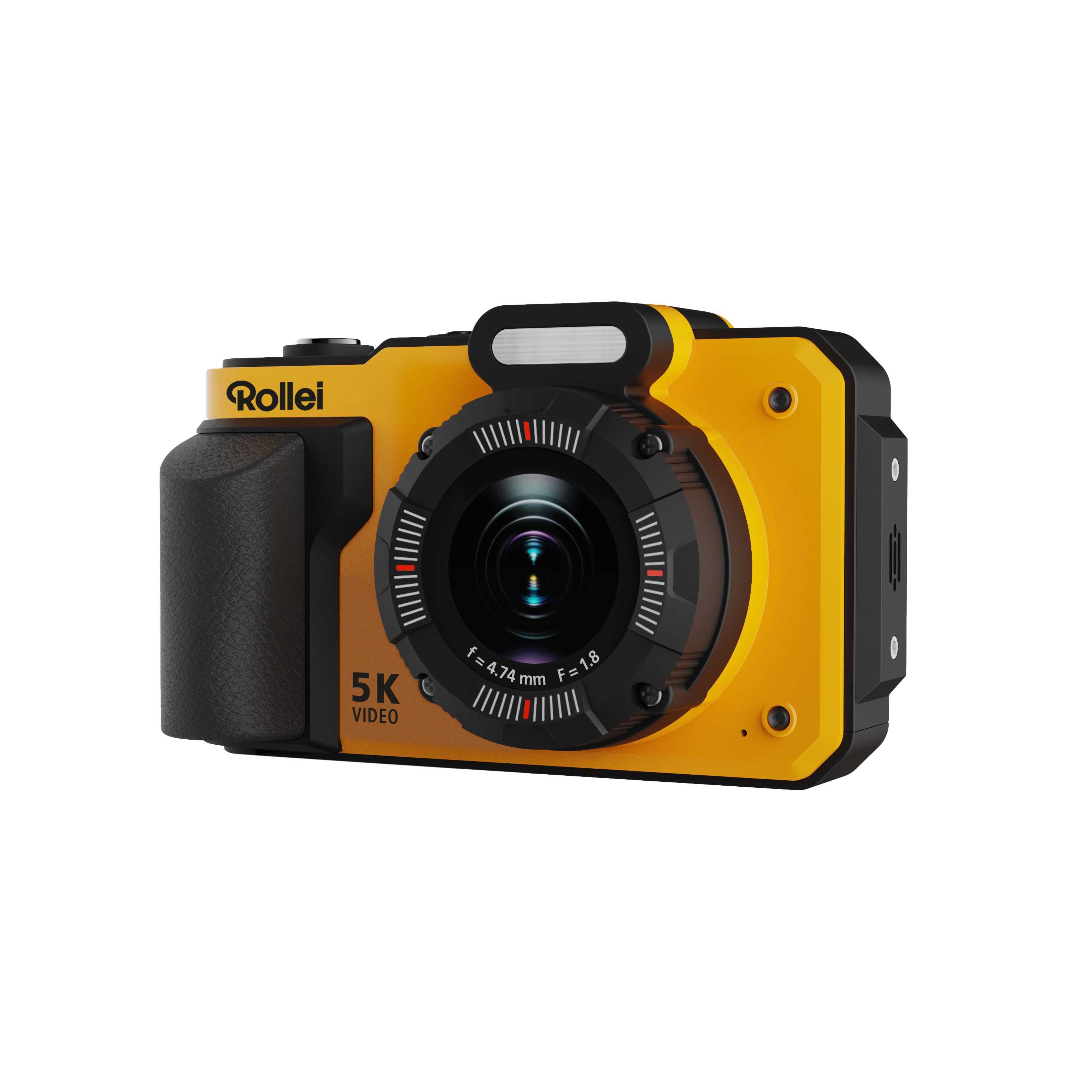 Gelbe Rollei 5K Videokamera mit schwarzem Griff und Objektiv.