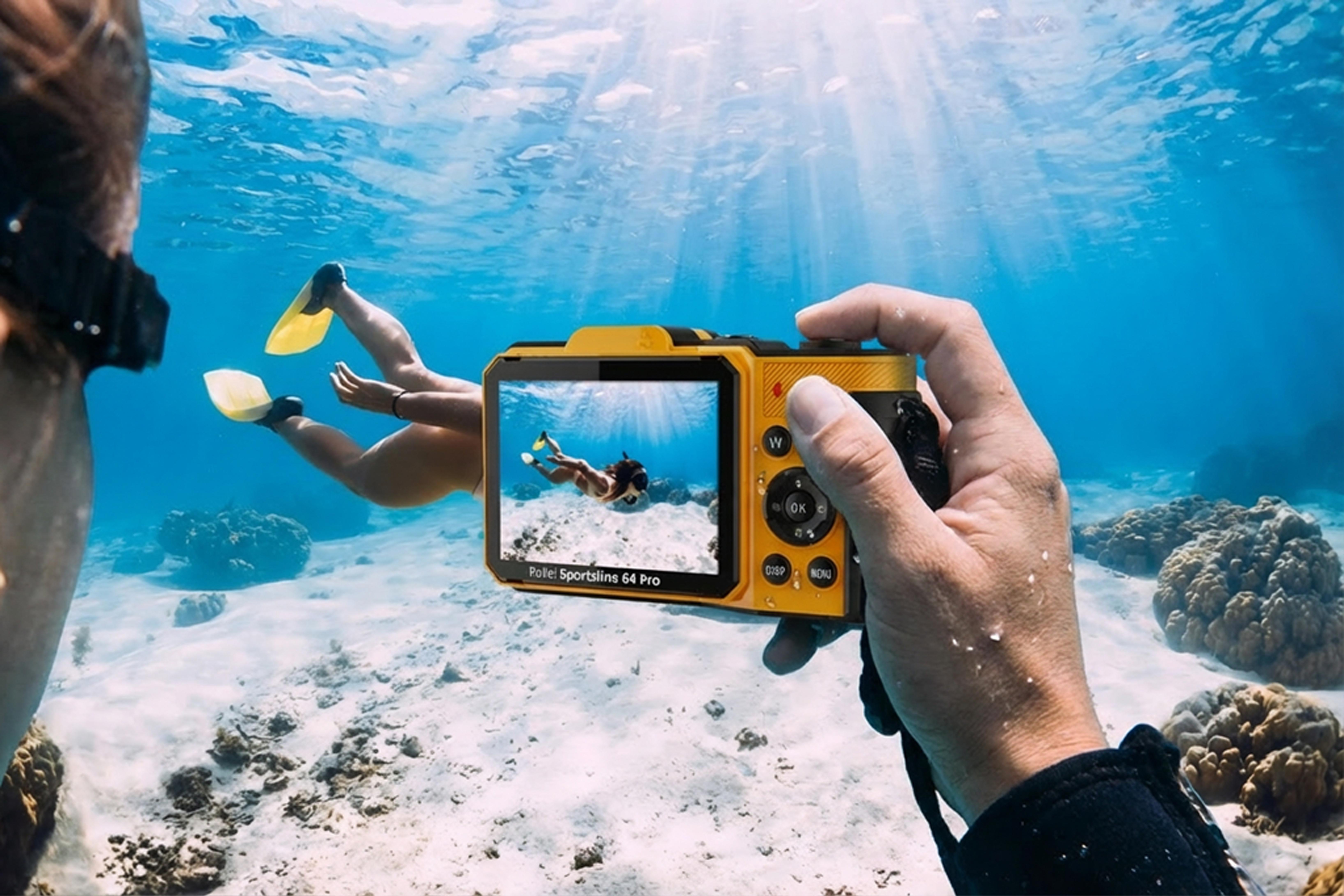 Ein Schnorchler hält eine gelbe Kamera, um eine Person unter Wasser zu filmen.
