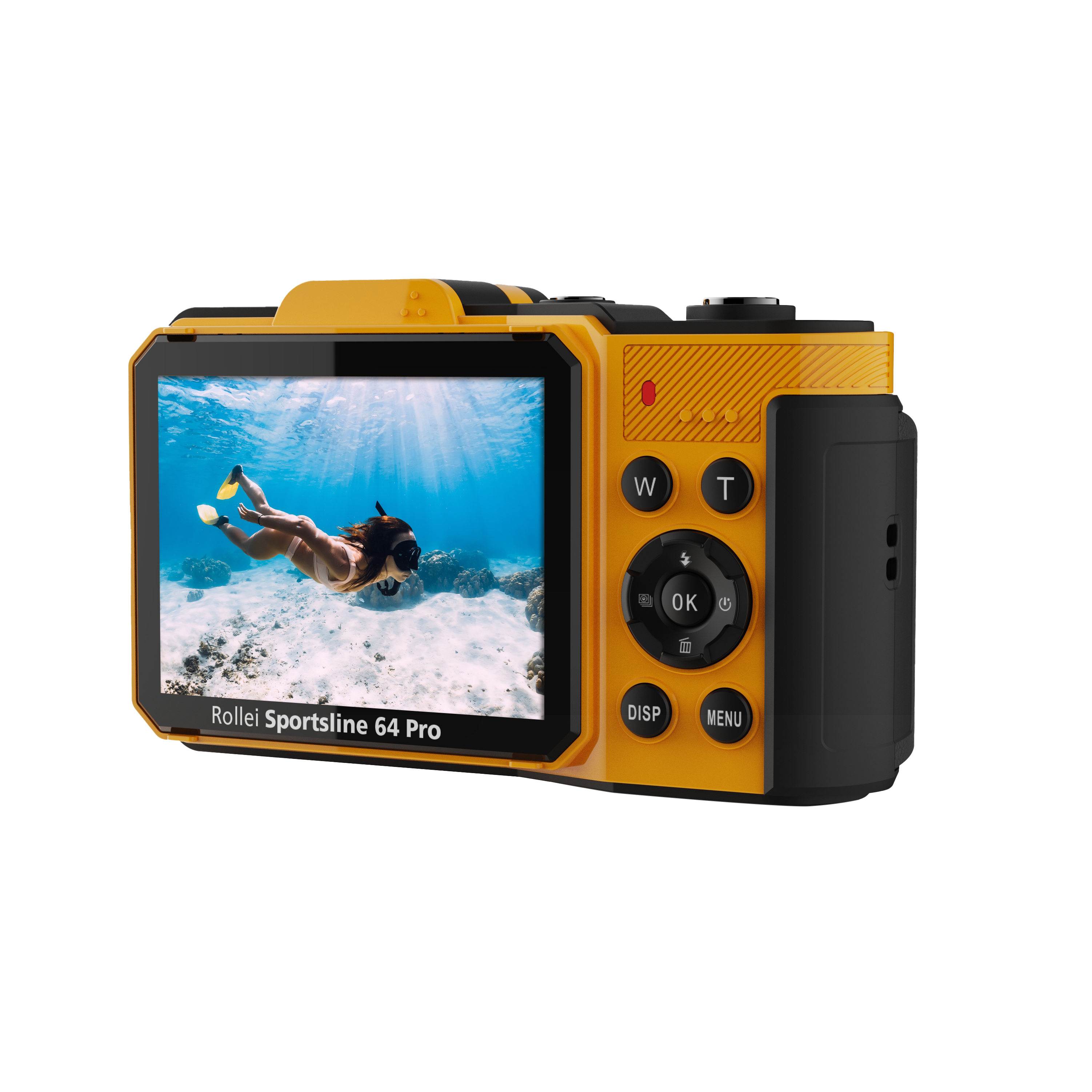Gelbe Kamera mit Bildschirm, der eine Taucherin zeigt, die unter Wasser schwimmt.