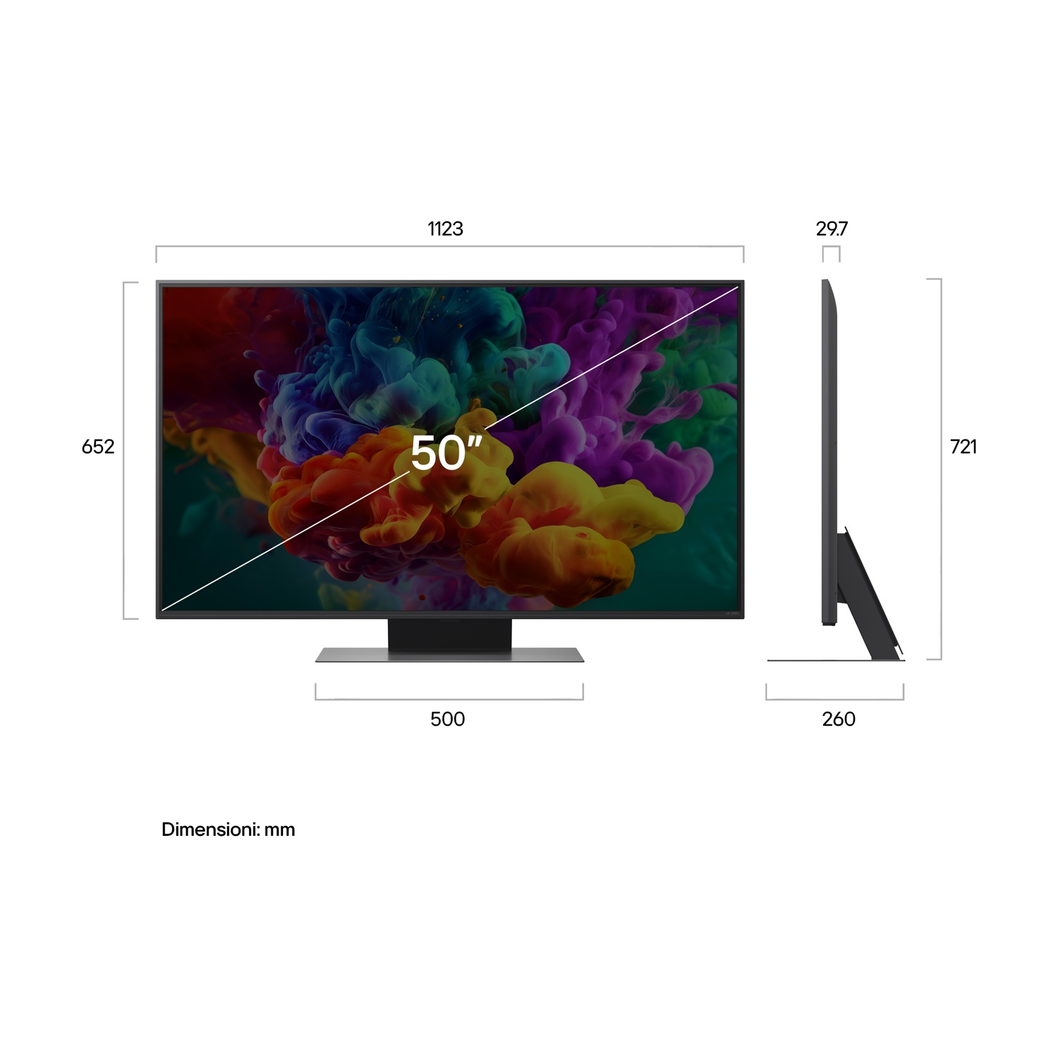 TV da 50 pollici con grafica di fumo colorato sullo sfondo e dimensioni.