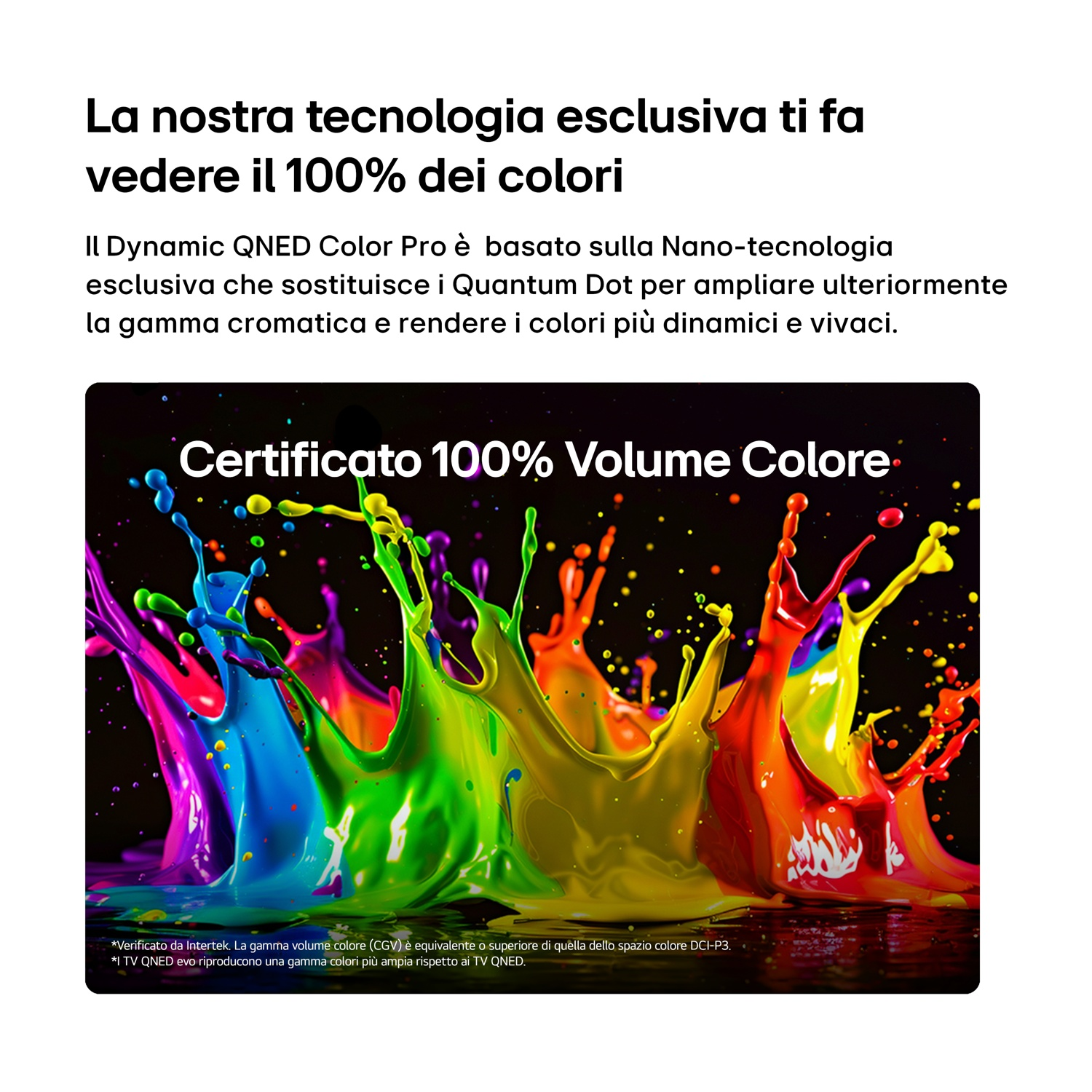 Schizzi di vernice colorata con testo "Certificato 100% Volume Colore".
