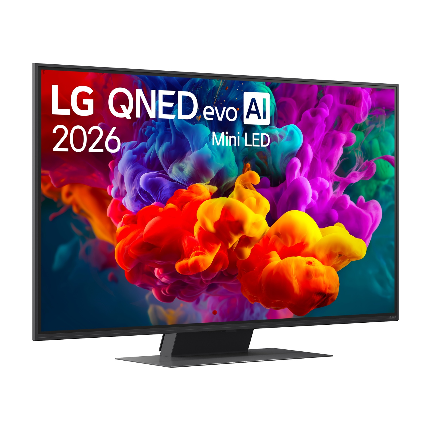 TV LG QNED evo AI Mini LED con grafica di fumo colorata e vibrante.