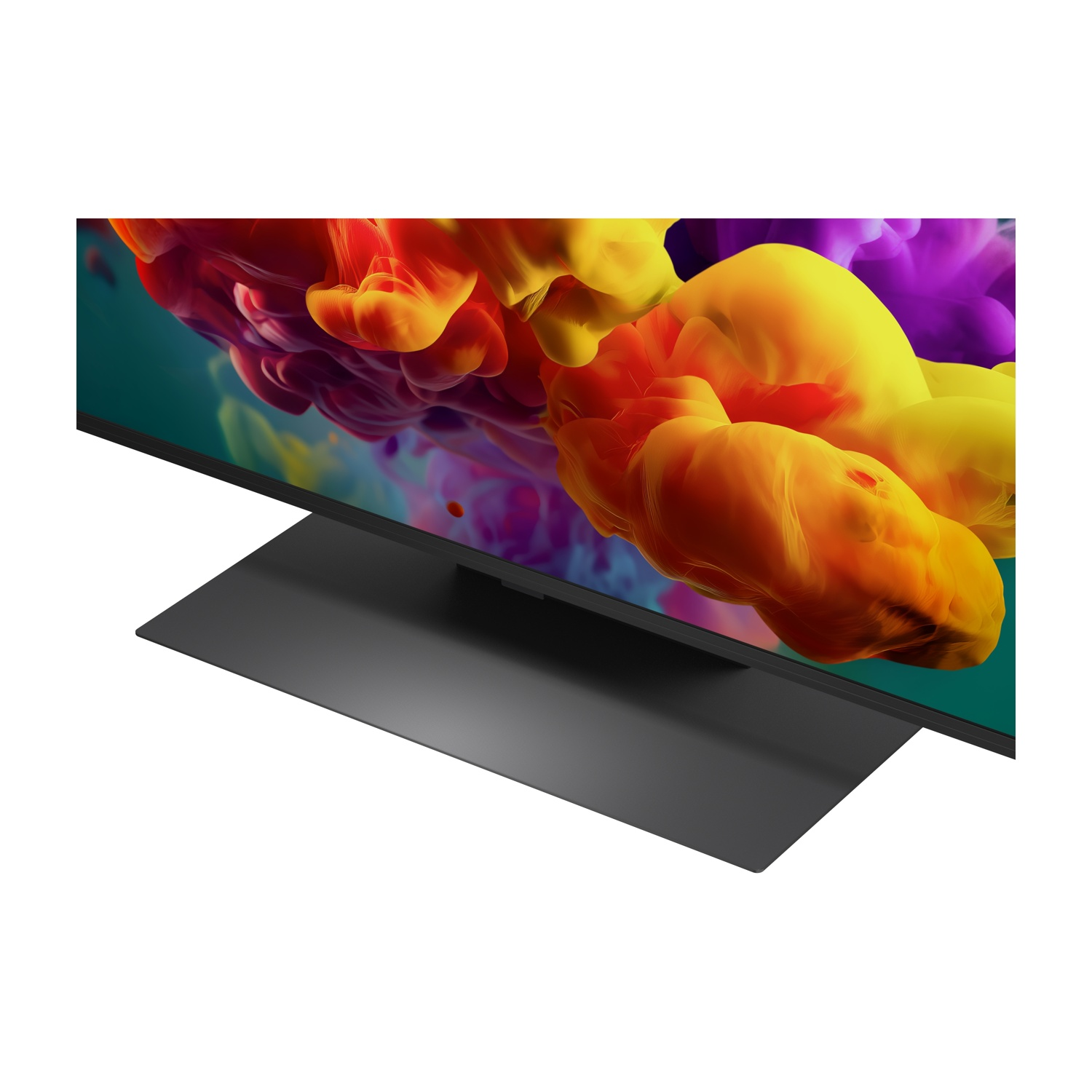 Una TV moderna con una macchia astratta di inchiostro colorato sullo schermo.