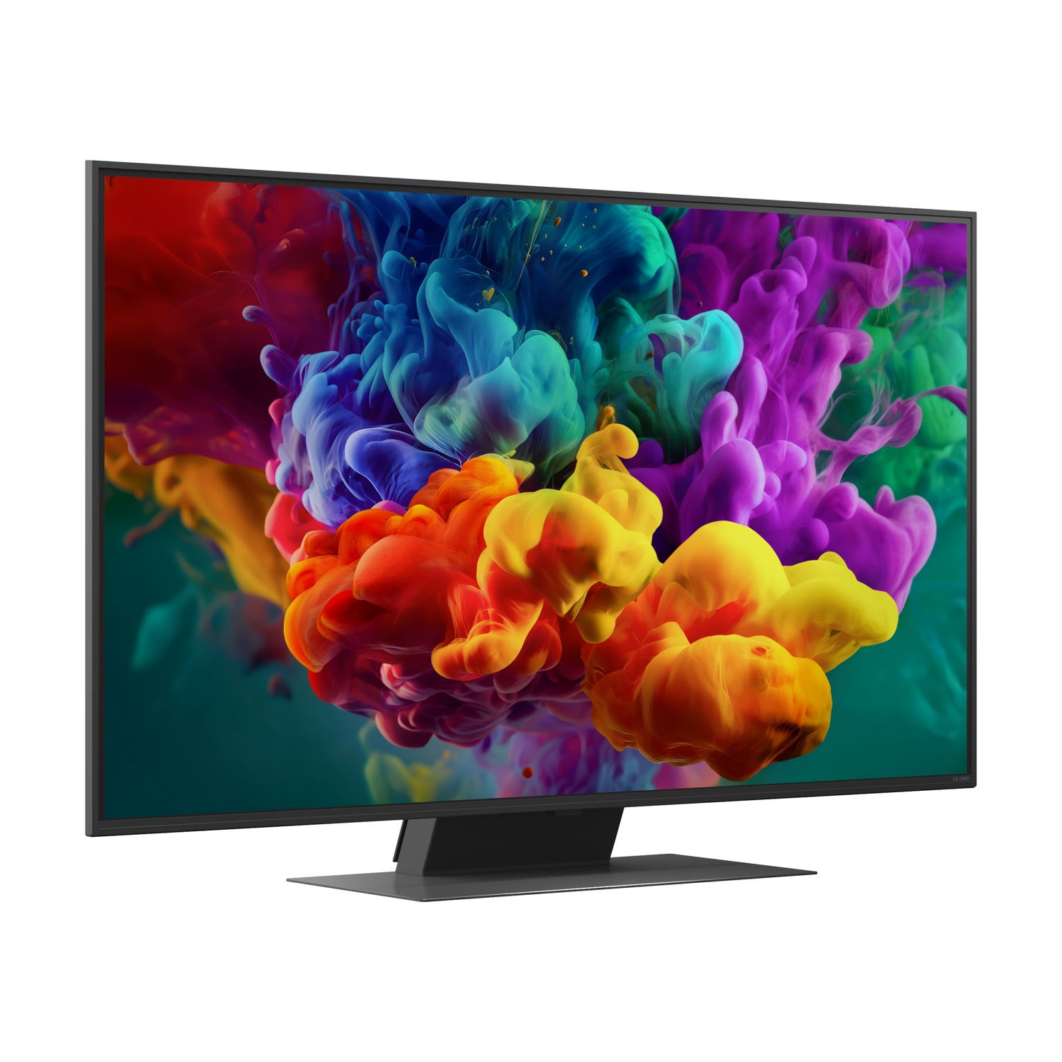 Televisore nero moderno con sfondo di schizzi di inchiostro colorati.