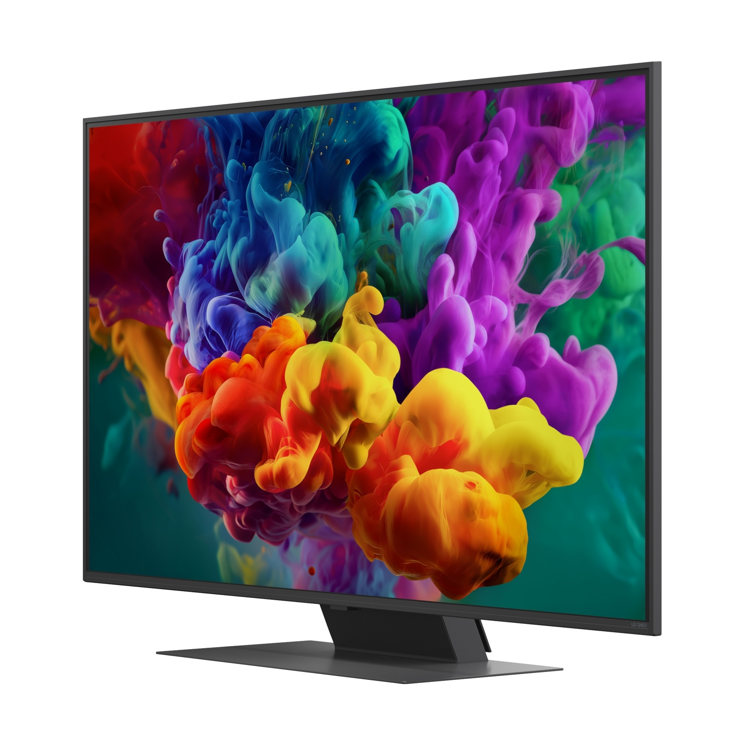 Una TV moderna con un salvaschermo astratto colorato di fumo.