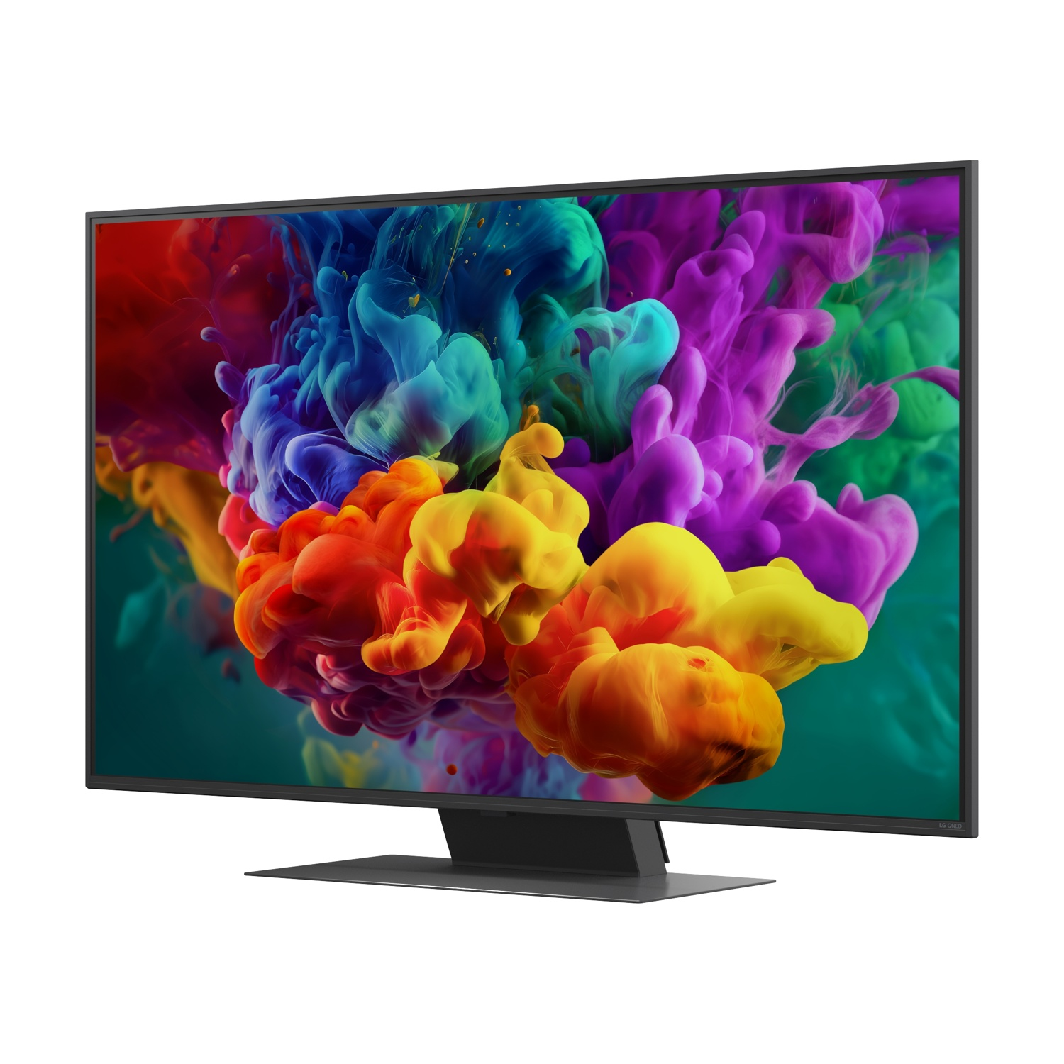Una TV moderna con uno sfondo vivace di schizzi di inchiostro colorati.