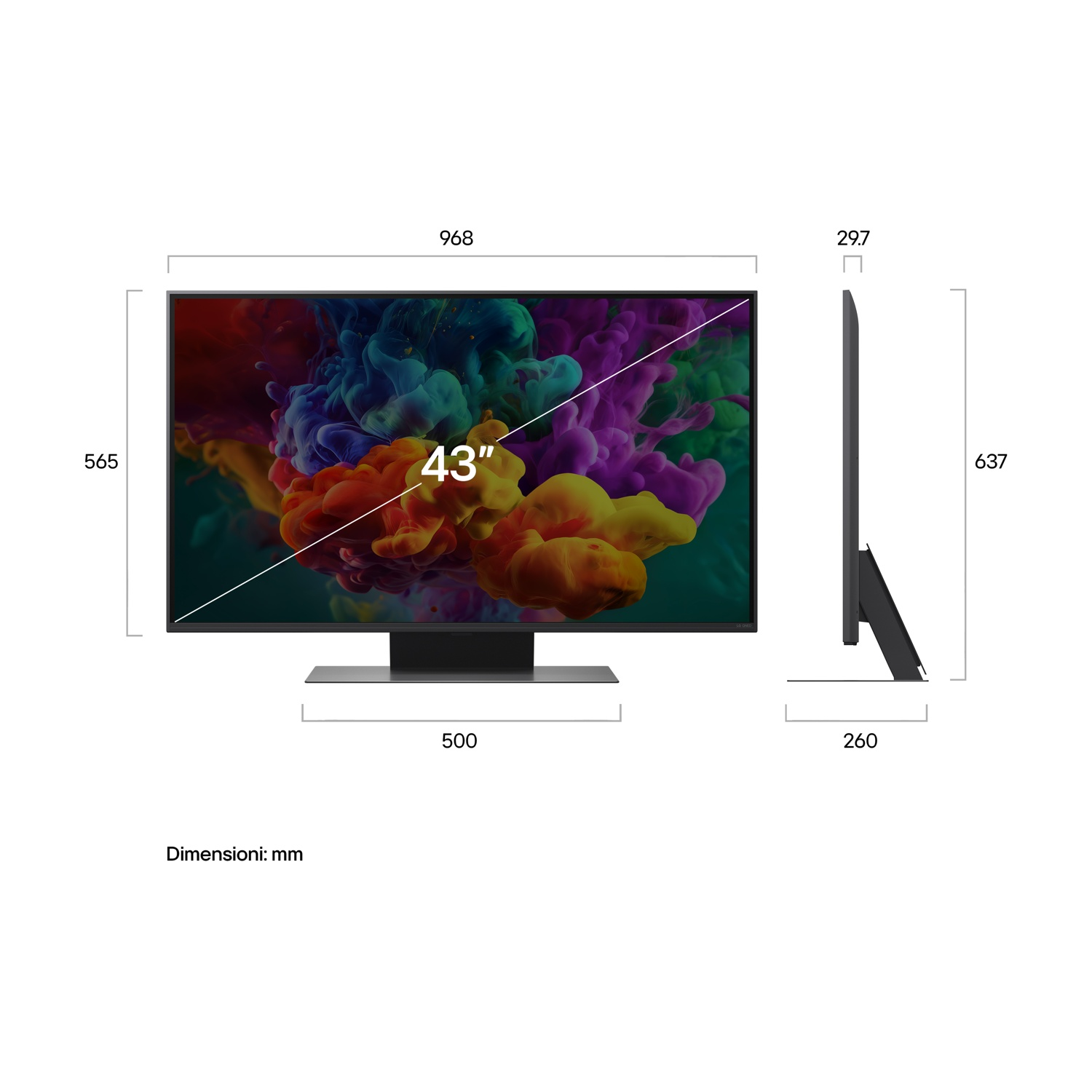 TV da 43 pollici con fumo colorato sullo schermo, mostrato frontalmente e lateralmente con dimensioni.
