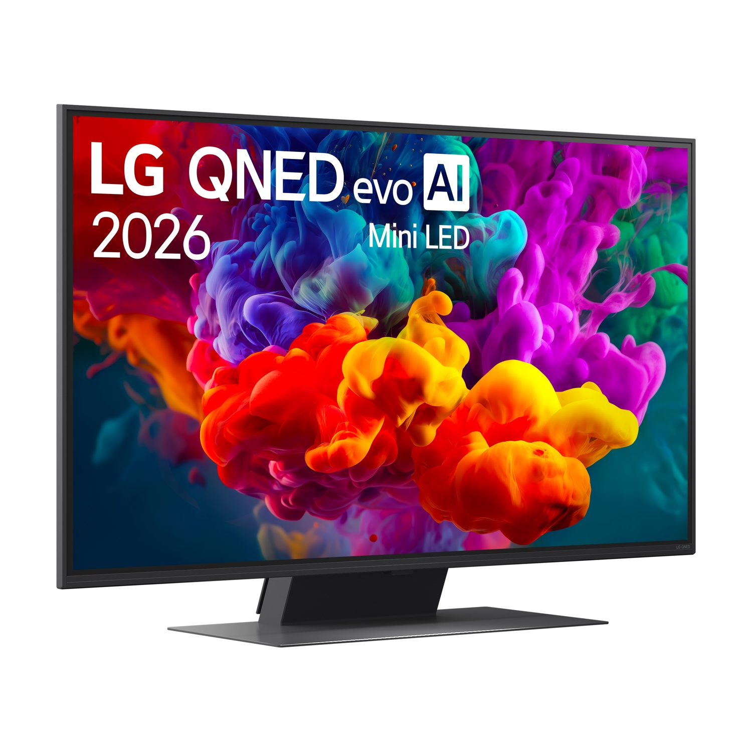Una TV LG QNED evo AI 2026 Mini LED con uno screensaver di fumo colorato.