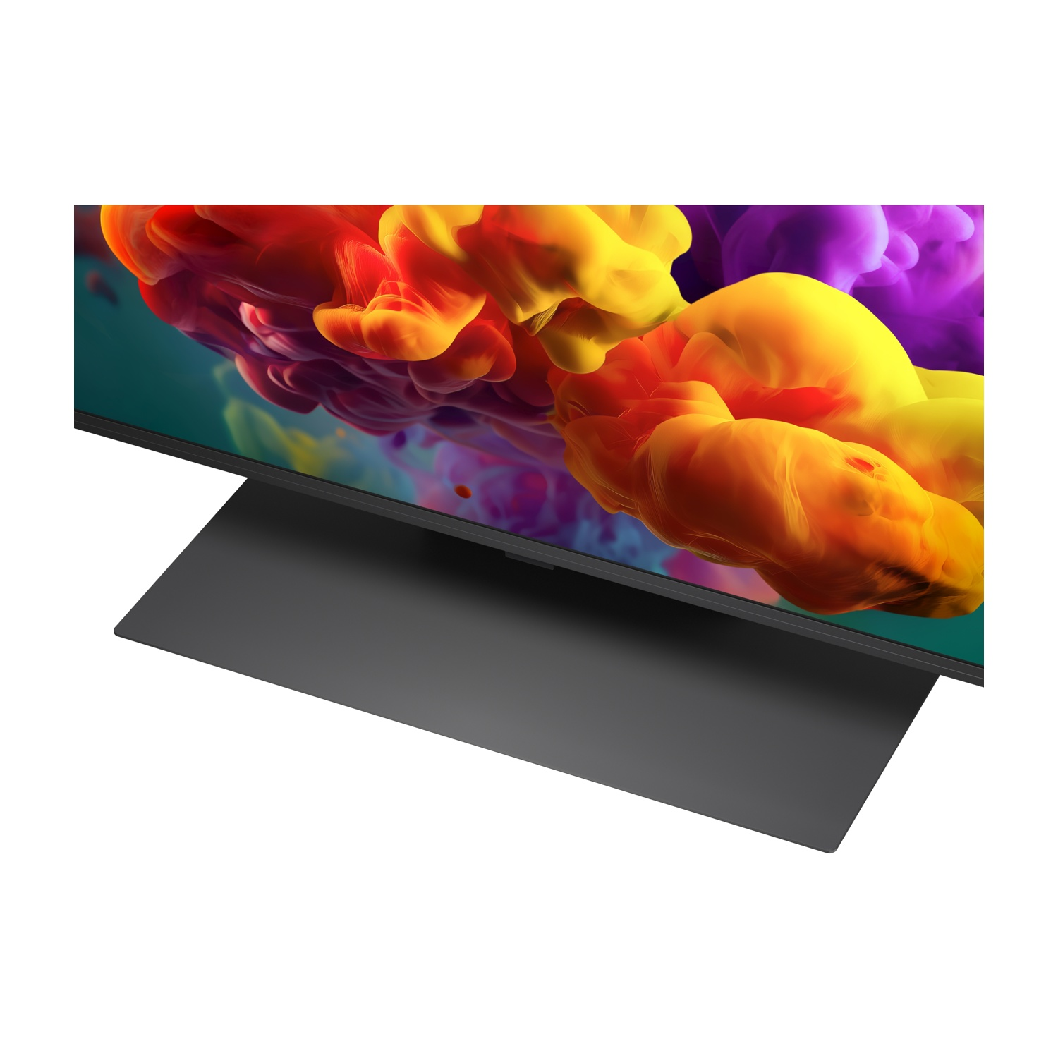 Un televisore moderno con schermo di fumo astratto e colorato e base nera.