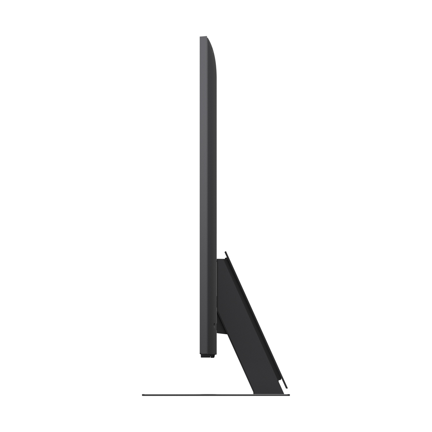 Vista laterale di un monitor nero con supporto elegante su sfondo bianco.