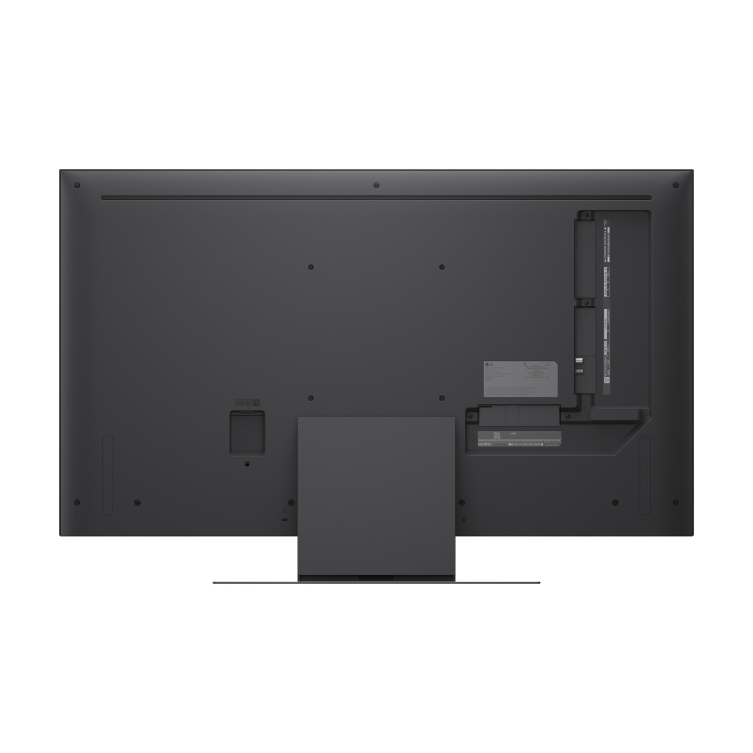 Retro di una TV nera con porte e supporto.
