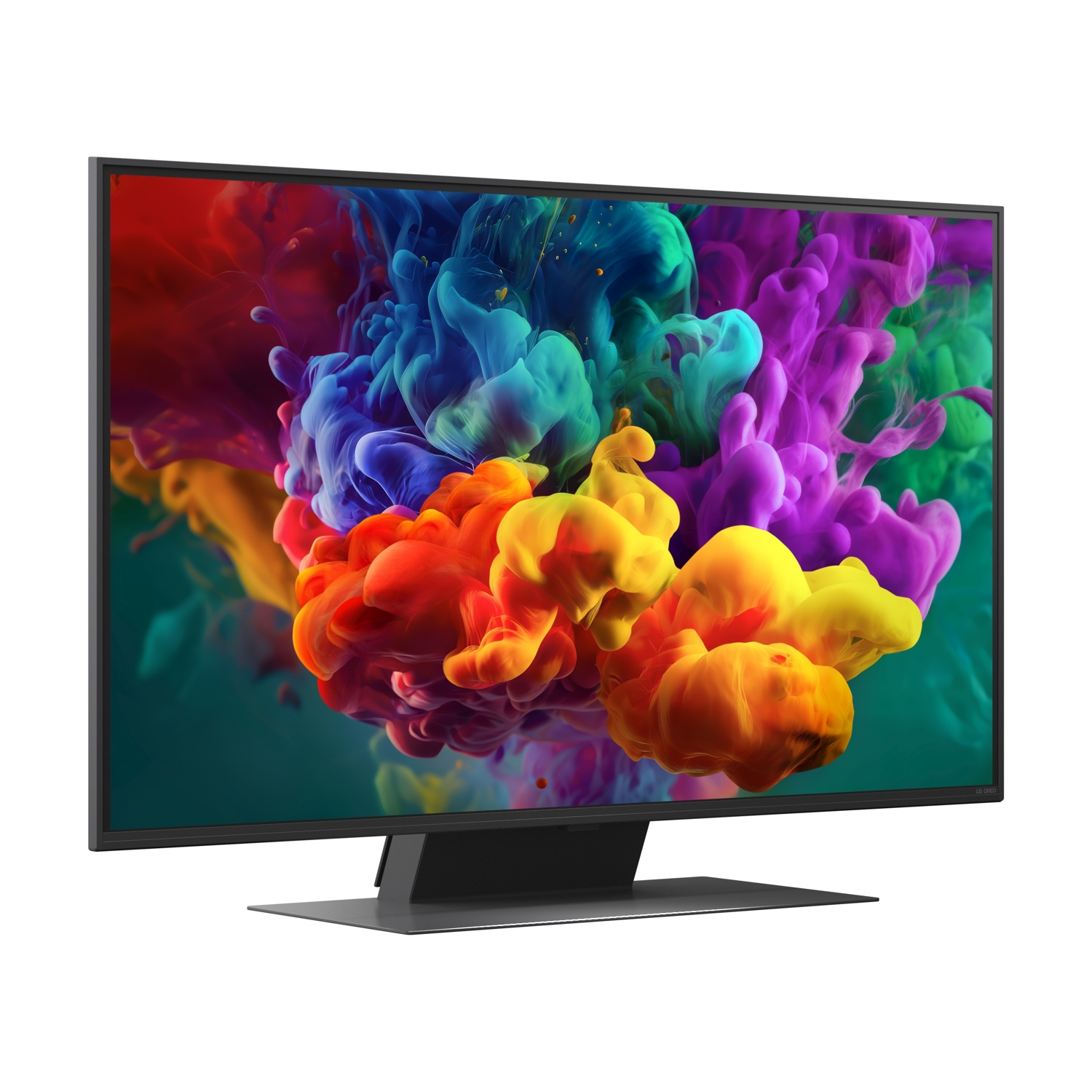 Una TV moderna a schermo piatto con uno screensaver astratto e colorato.
