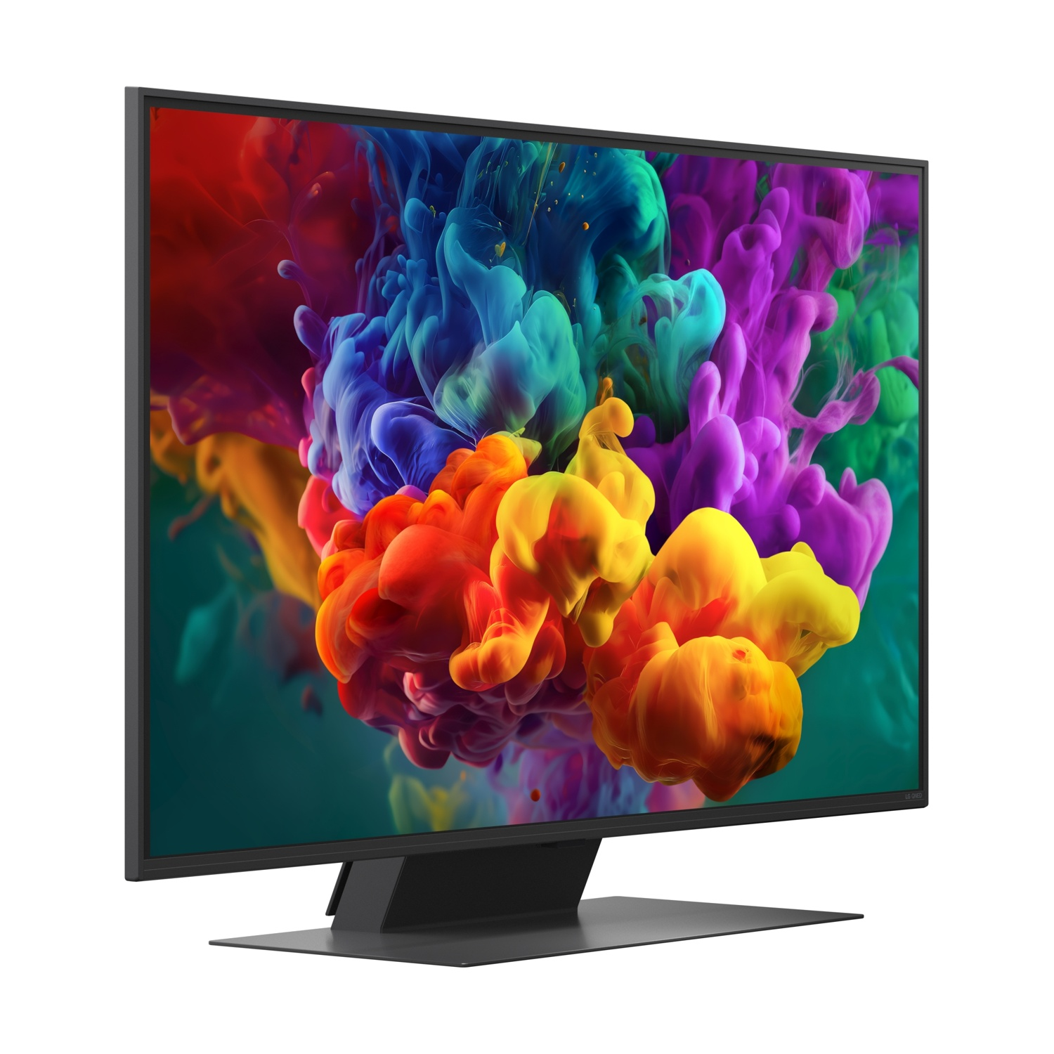 Un moderno monitor nero che mostra nuvole di fumo colorate e vibranti sul suo schermo.