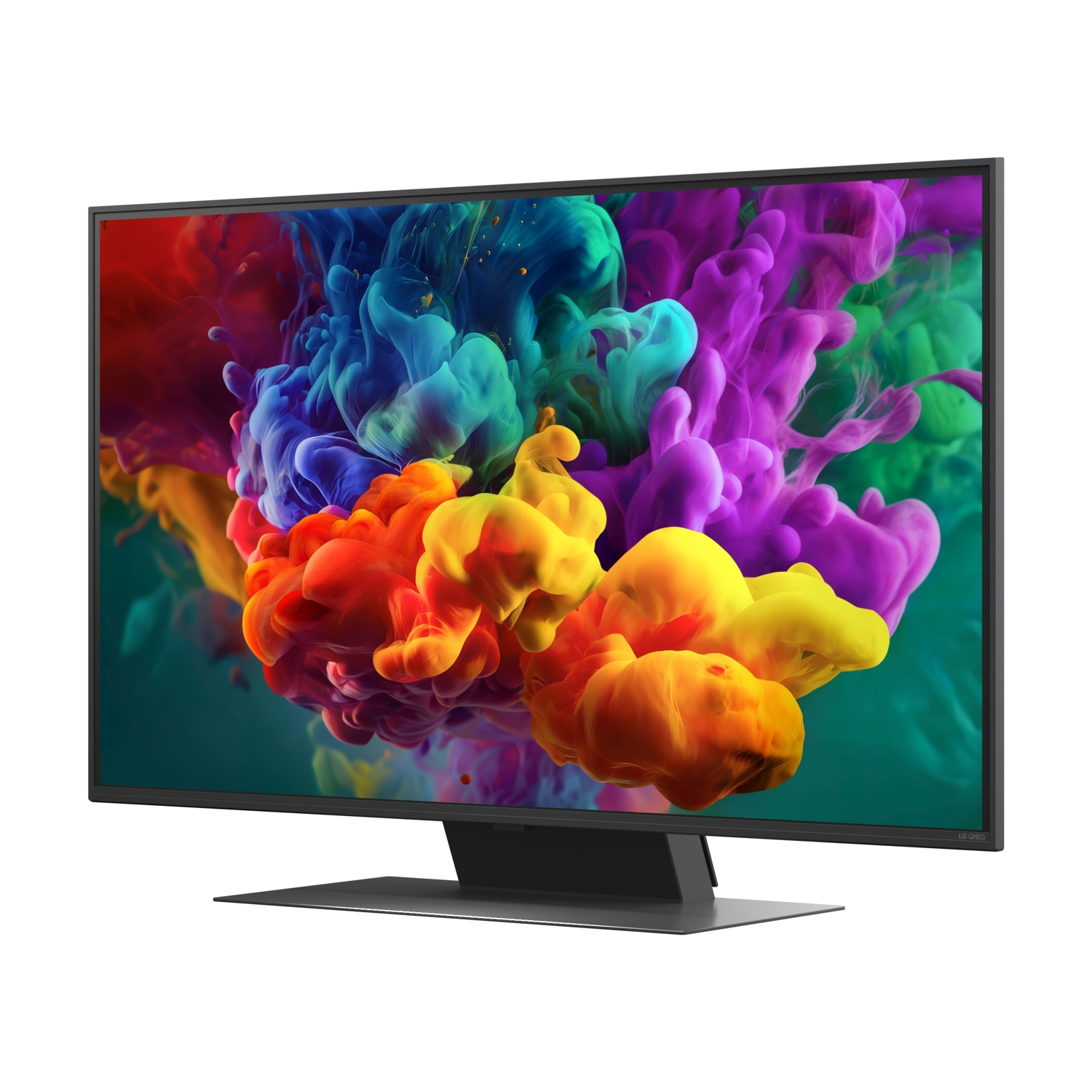 Un televisore moderno con uno screensaver a fumo colorato.