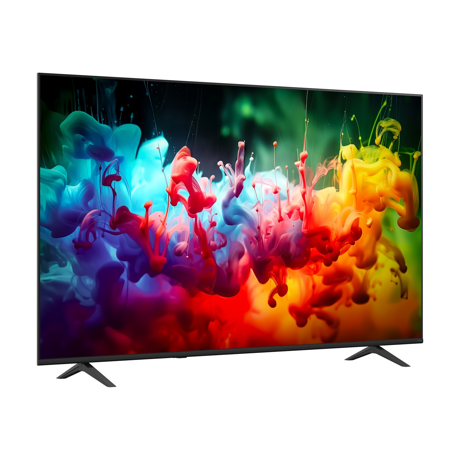 Una TV moderna con schermo a schizzi d'inchiostro vivaci e supporto nero.