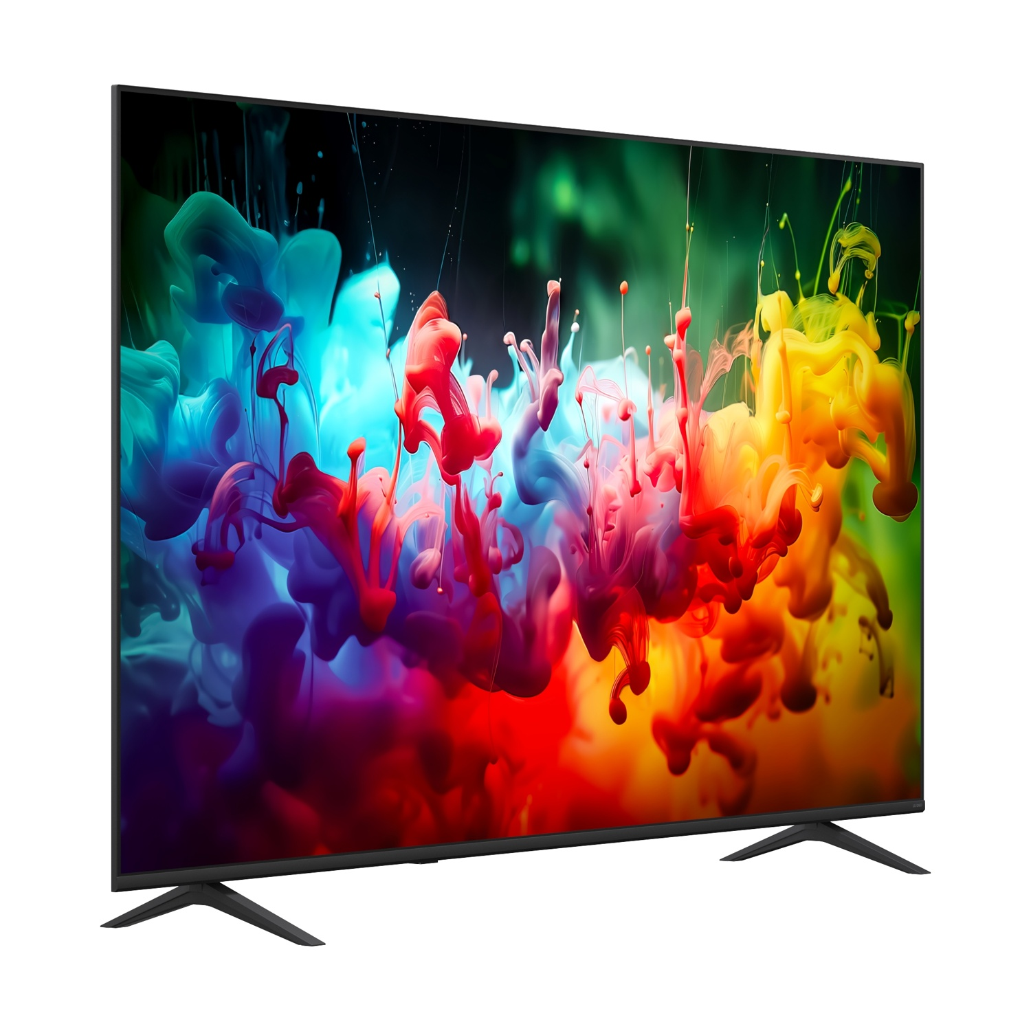Una moderna TV a schermo piatto mostra vivaci schizzi di inchiostro astratti in rosso, blu e giallo.