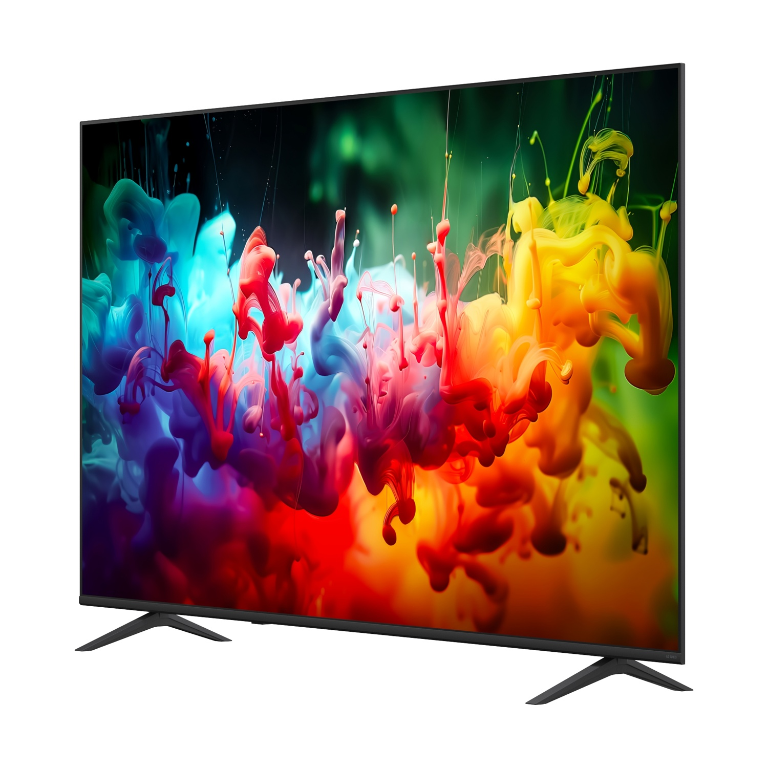 Un televisore moderno con uno sfondo vibrante di schizzi di inchiostro colorati.