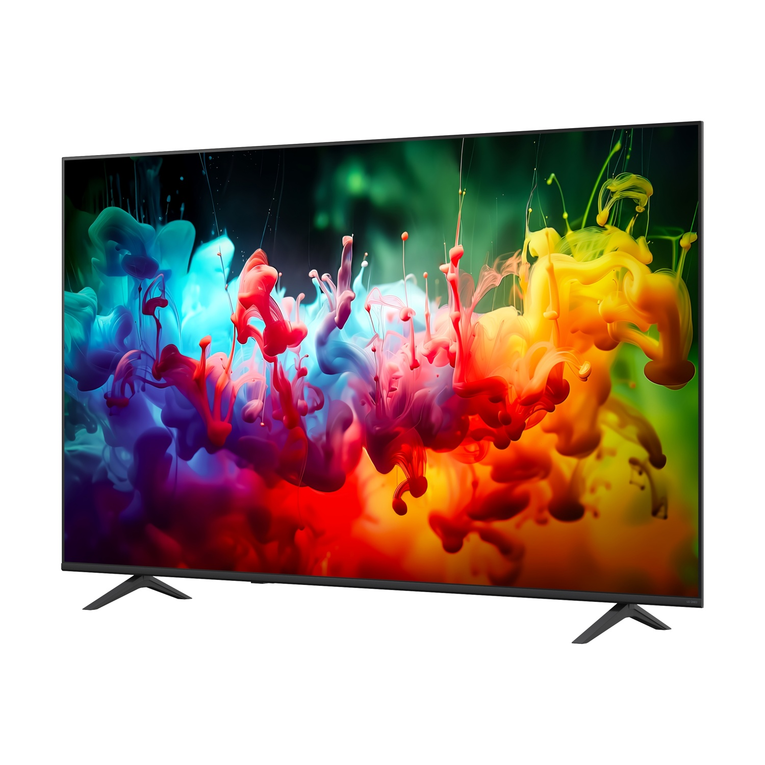 Un televisore moderno con schermo a schizzi di inchiostro colorati e vivaci su supporto nero.