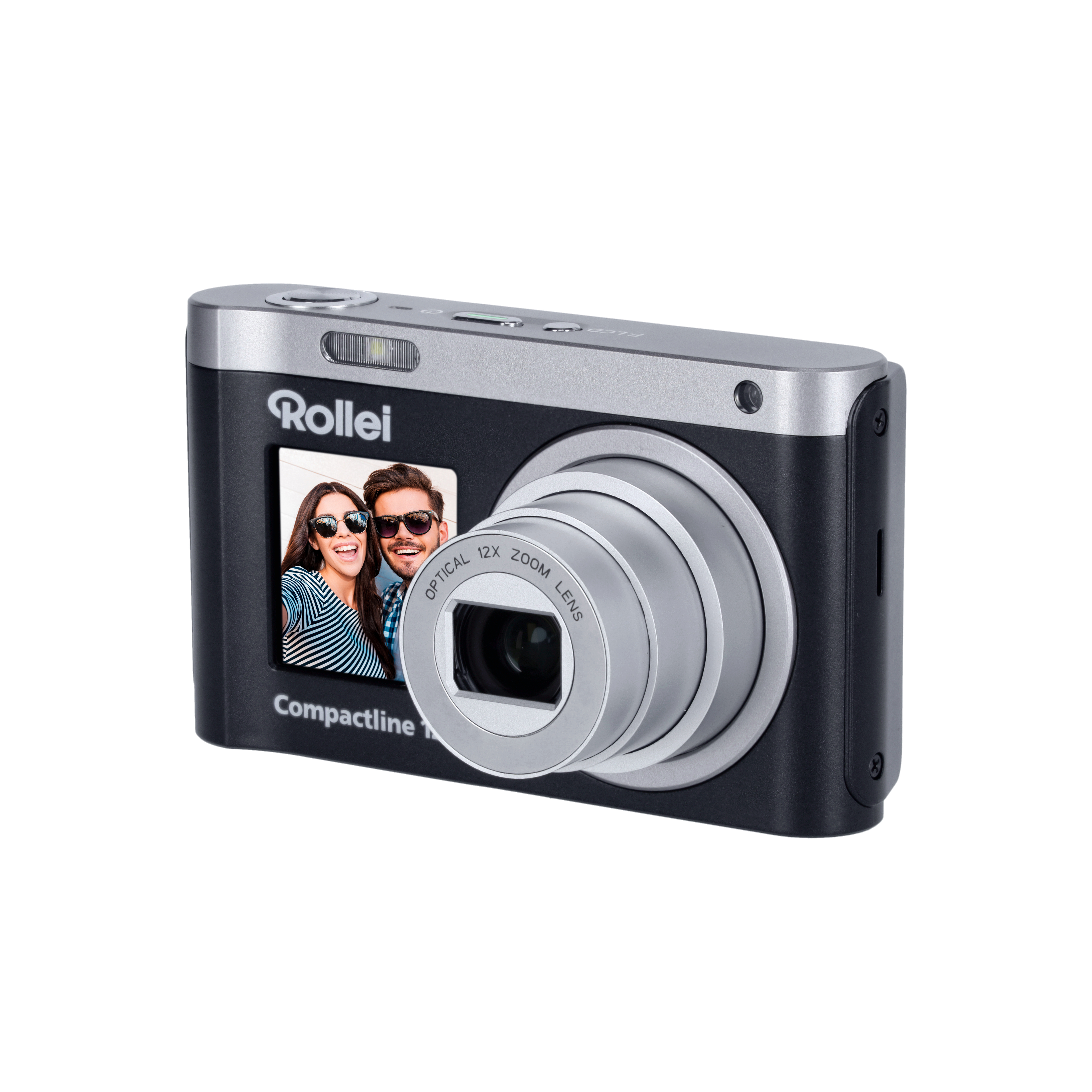 Rollei Kompaktkamera mit 12x optischem Zoomobjektiv und Foto eines Paares auf dem Display.