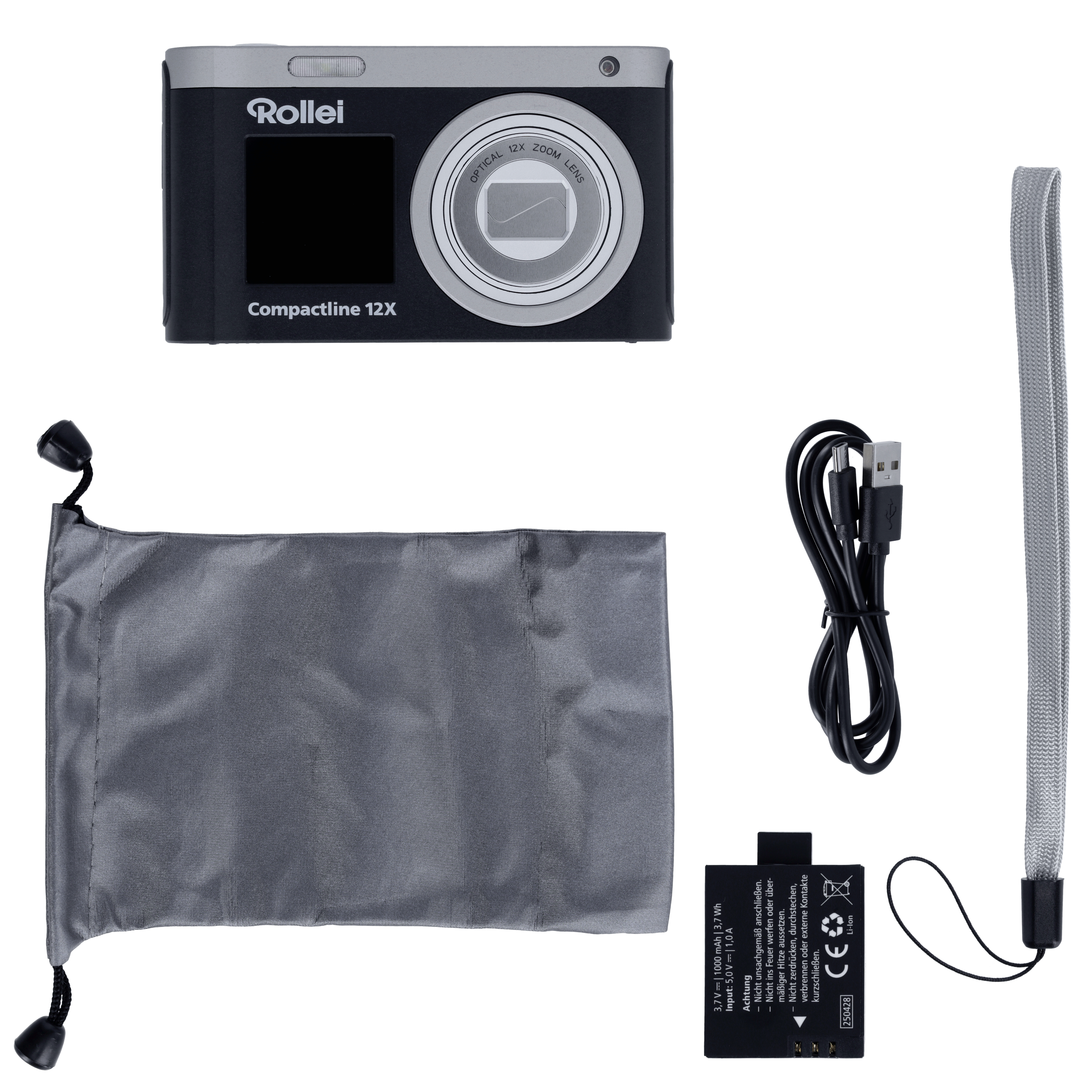 Rollei Kamera, Tasche, Akku, USB-Kabel und Handschlaufe auf weißem Grund.
