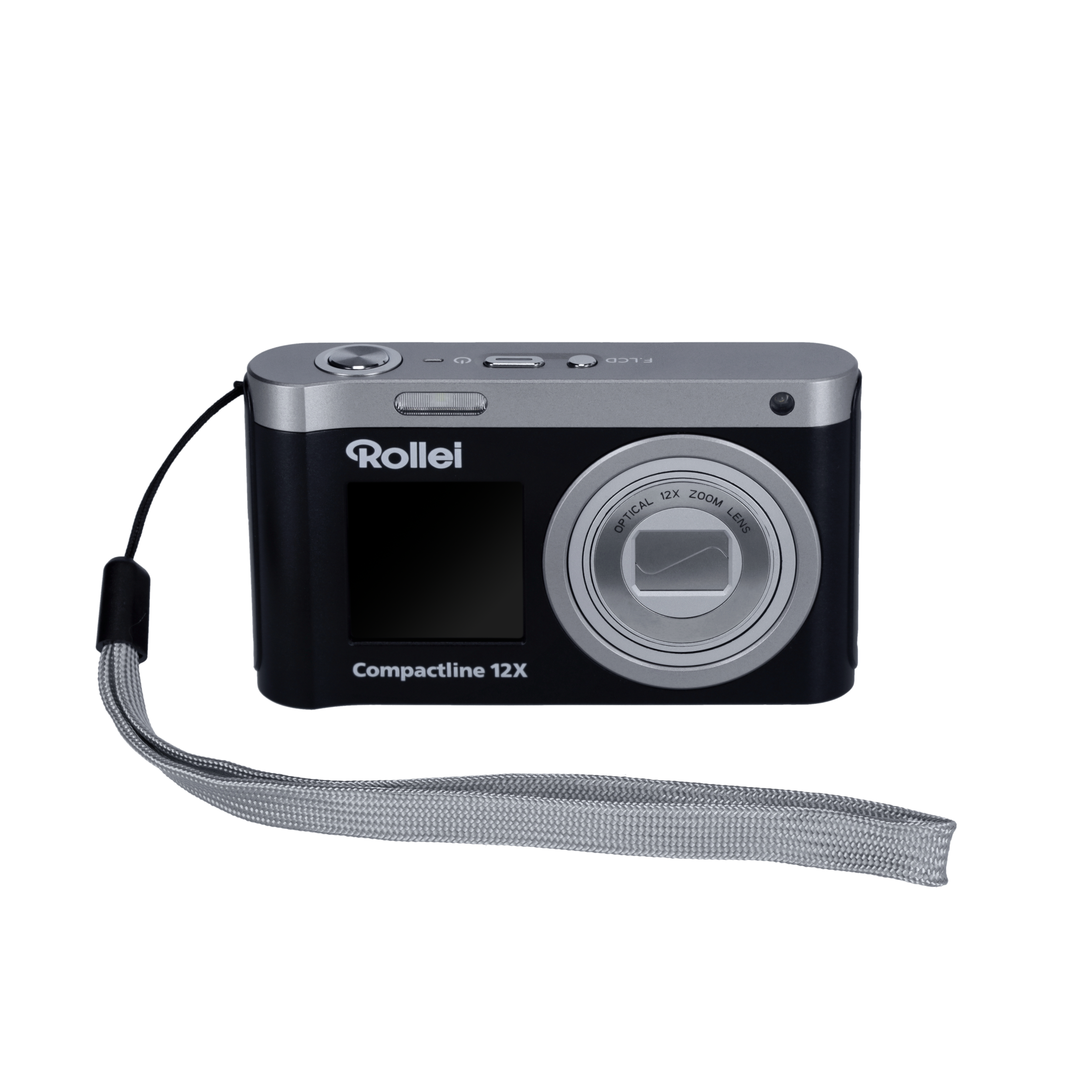 Eine schwarze Rollei Kompaktkamera mit silbernen Akzenten und Handschlaufe.