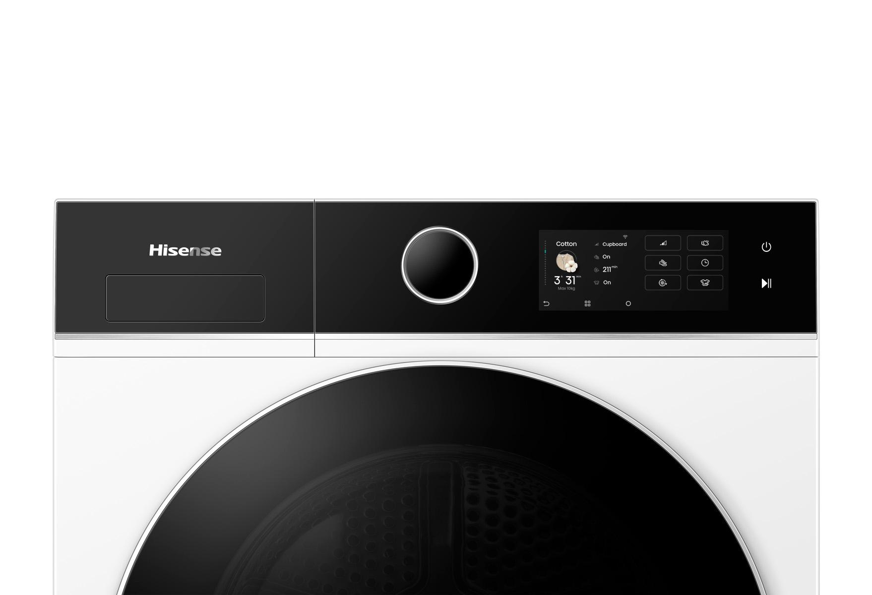 Ein Hisense Trockner mit digitalem Display zeigt "Cotton" und 3:31 an.